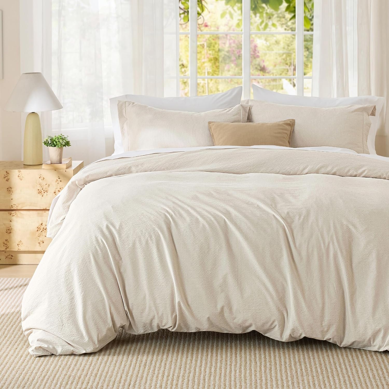 Bedsure Textured Duvet Cover Queen Size – Cotton-Like Polyester Jacquard Duvet Cover Set for All Seasons – 3 Pieces Elevated Textured Dobby Soft Bedding Set, NO Comforter (Beige, Queen, 90″x 90″)