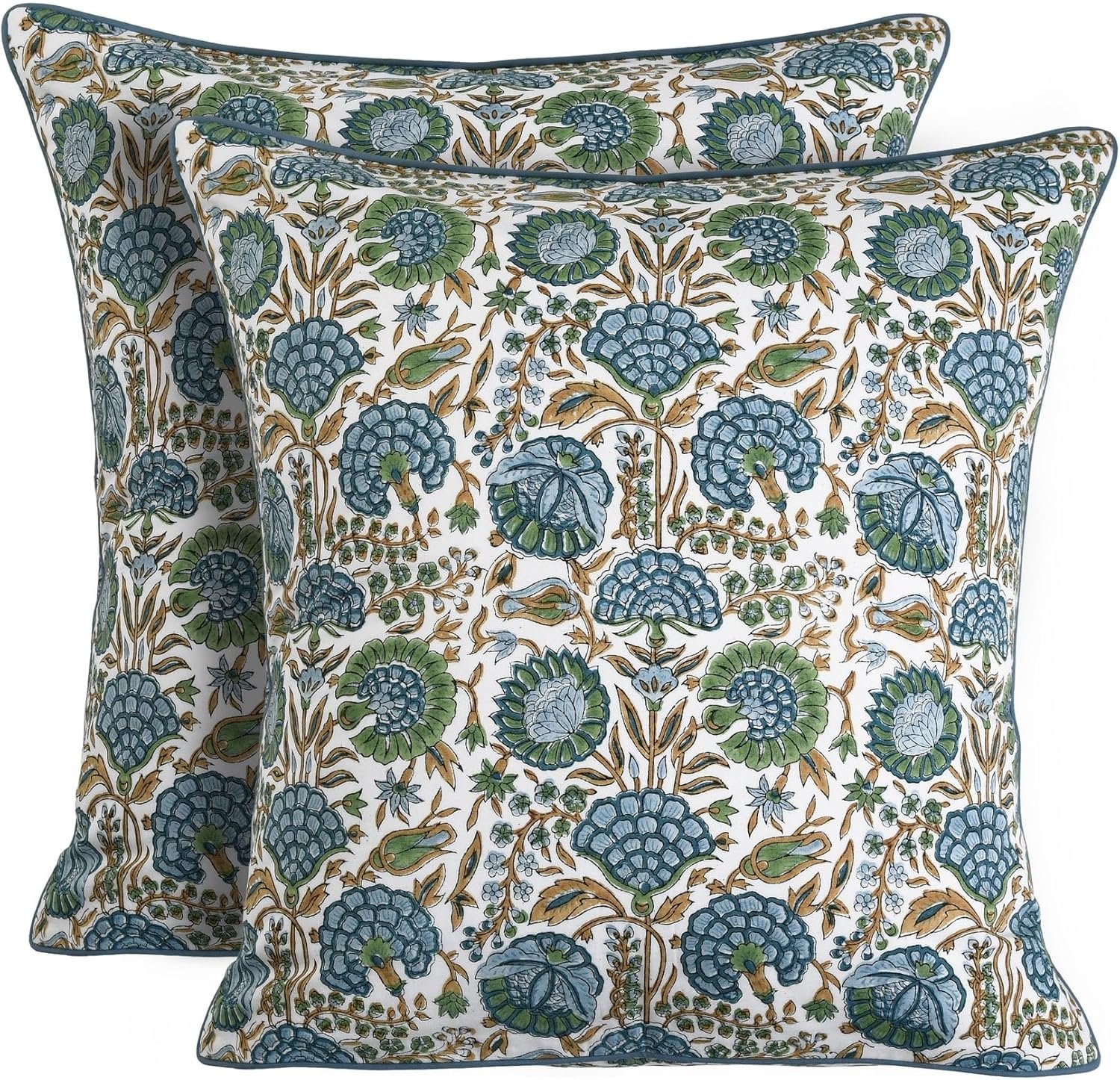 Ridhi Block Print Asparagus Green Pillow Cover 20″ x 20″ (Pack of 2) Decorative Couch Pillows for Living Room, Farmhouse Chic Boho Cute Outdoor Pillows Covers Gifts for Spring, Mother’s Day