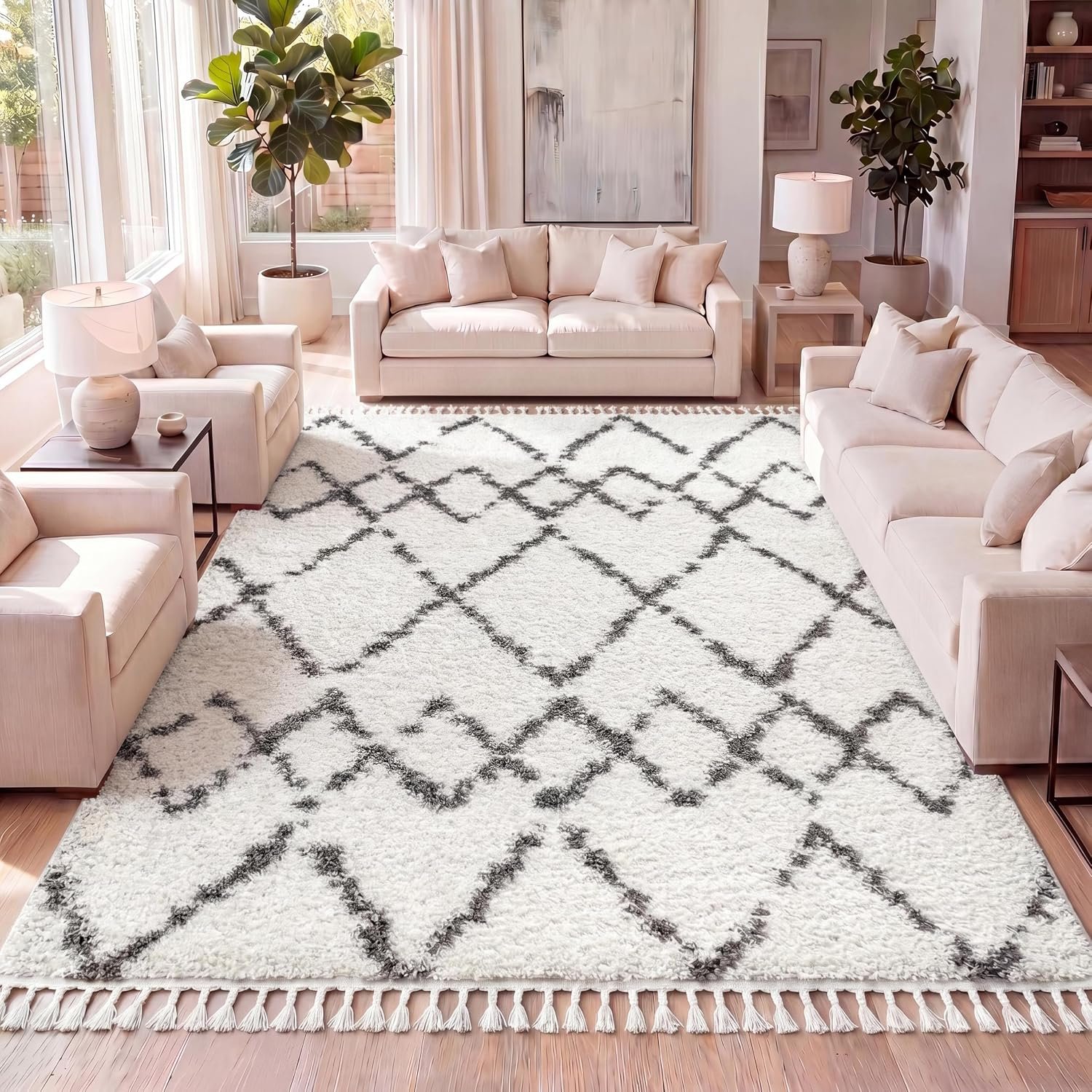 JONATHAN Y Mercer Shag Plush Tassel Ivory/Gray Indoor Area Rug, 5×8, Moroccan Geometric Trellis, Contemporary, Easy-Cleaning for Living Room, Bedroom, Kitchen, Pet Friendly, Non-Shedding (MCR102B-5)