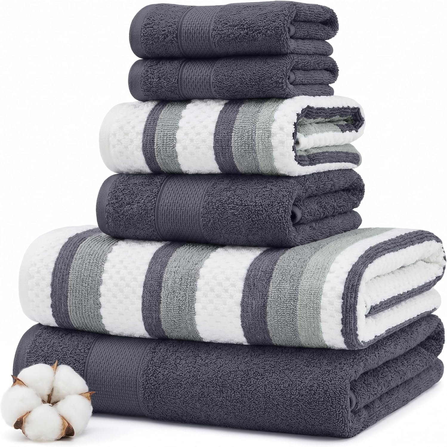 Modern Threads Pax 6-Piece Reversible Yarn Dyed Jacquard Towel Set – Bath Towels, Hand Towels, & Washcloths – Super Absorbent & Quick Dry – 100% Combed Cotton, Denim