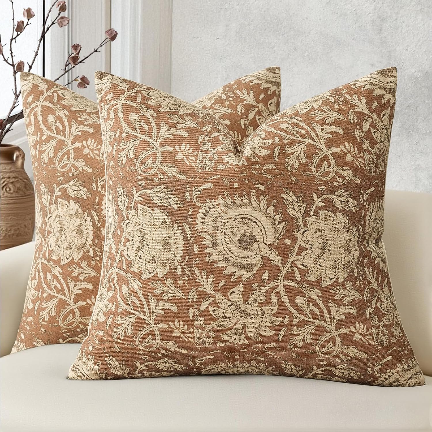 Vintage Floral Print Throw Pillow Covers 18×18 Set of 2 Neutral Modern Farmhouse Pillowcases Accent Decorative Cushion Covers Boho Home Decor for Couch Sofa Chair Bed Living Room, Cognac