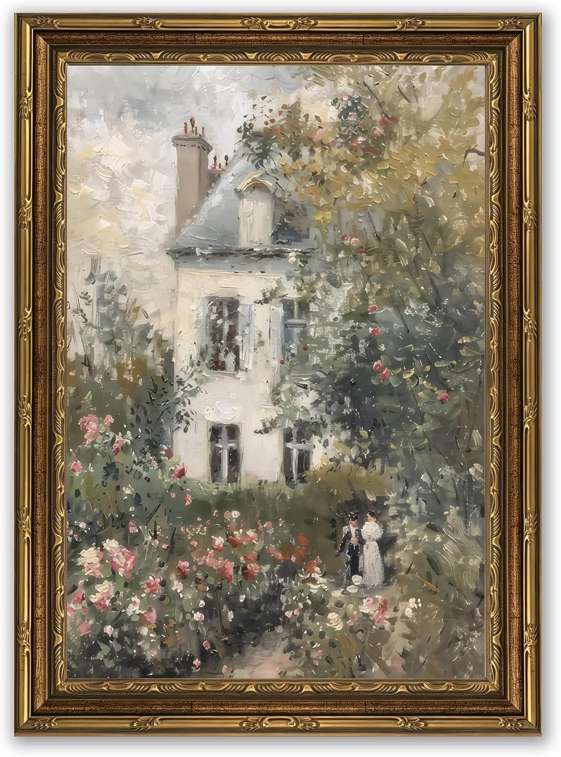 Gold Framed Vintage Floral Canvas Wall Art, Rose Garden Painting Picture Wall Decor, Neutral English Cottage Poster Print Artwork for Living Room, Bedroom, Country Room, Home Decoration 9x11in