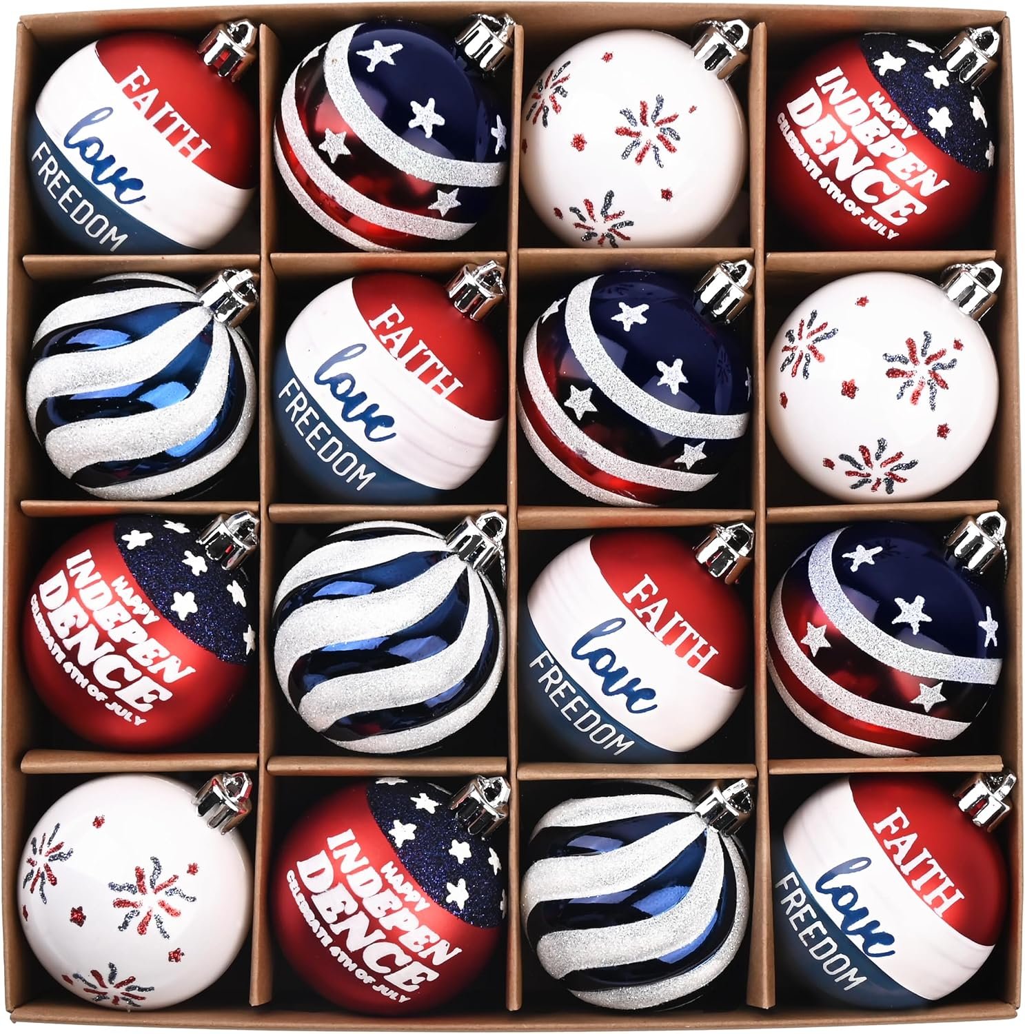 Valery Madelyn 4th of July Tree Decorations for Patriotic Memorial Day Ornaments, 16ct 2 Inches Red White Blue Shatterproof Americana Hanging Ball Decor for Independence Day USA 250th Anniversary