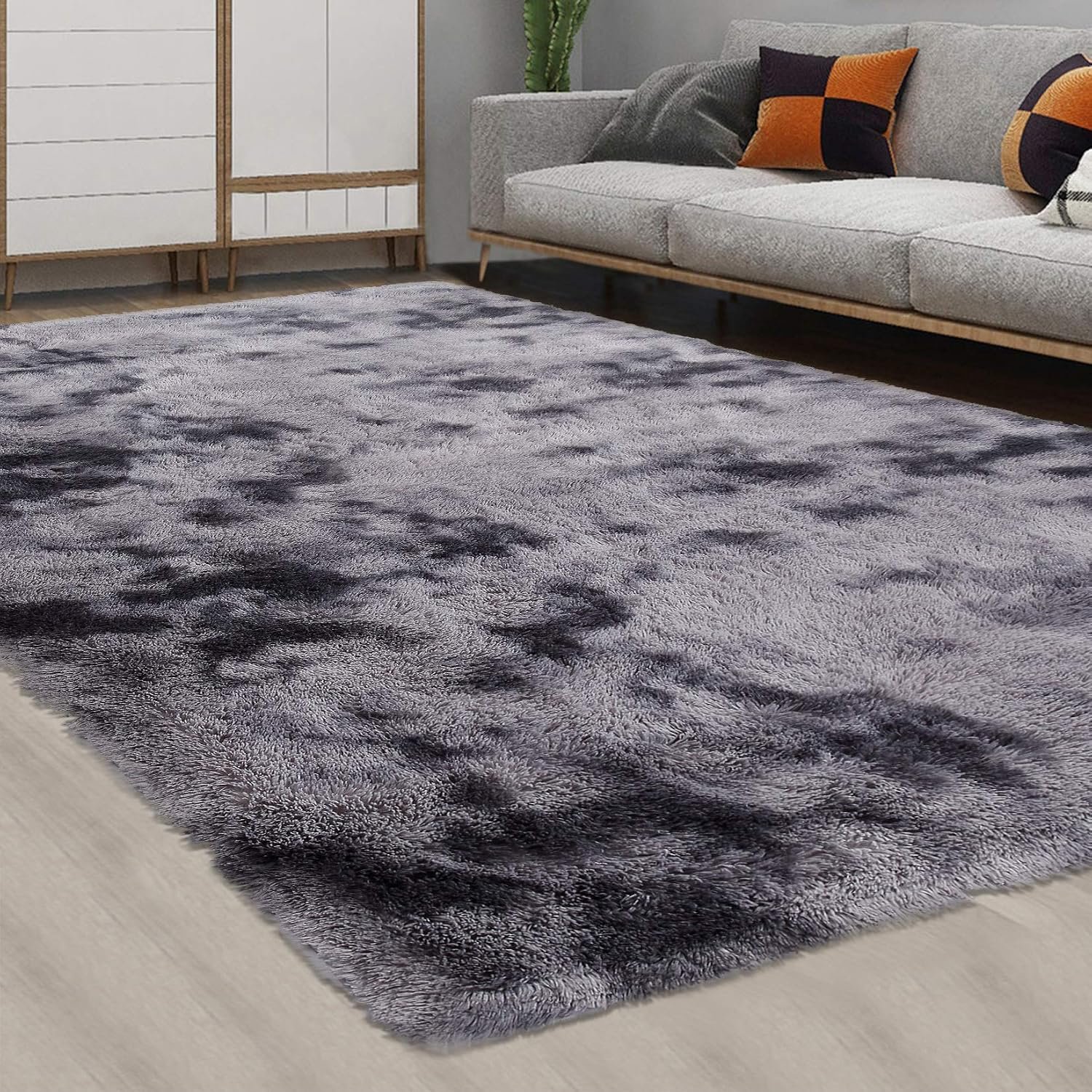 CAROMIO 10×13 Fluffy Area Rugs for Living Room Large Plush and Thick Shag Rug Non-Slip Non-Shedding Tie Dye Accent Rug Carpet for Bedroom, Faux Fur Fuzzy Shaggy Rugs for Kids Dorm, Dark Grey