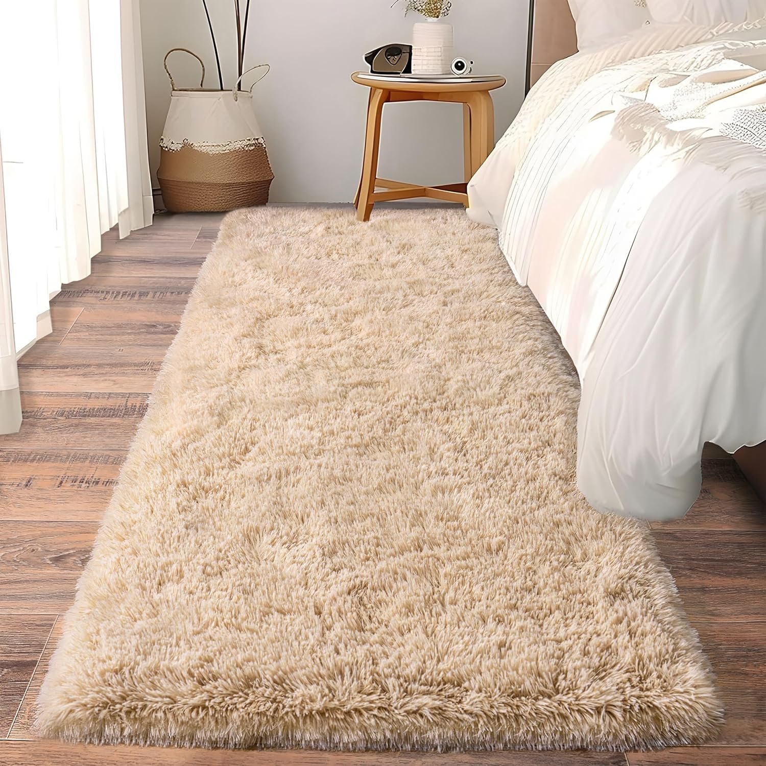 Soft Runner Rugs for Bedroom Hallway 2×6 Beige Fluffy Shag Washable | Upgrade Non Slip Throw Area Rug for Bedside Dorm, Long Shaggy Furry Carpet for Living Room, Flame Resistant