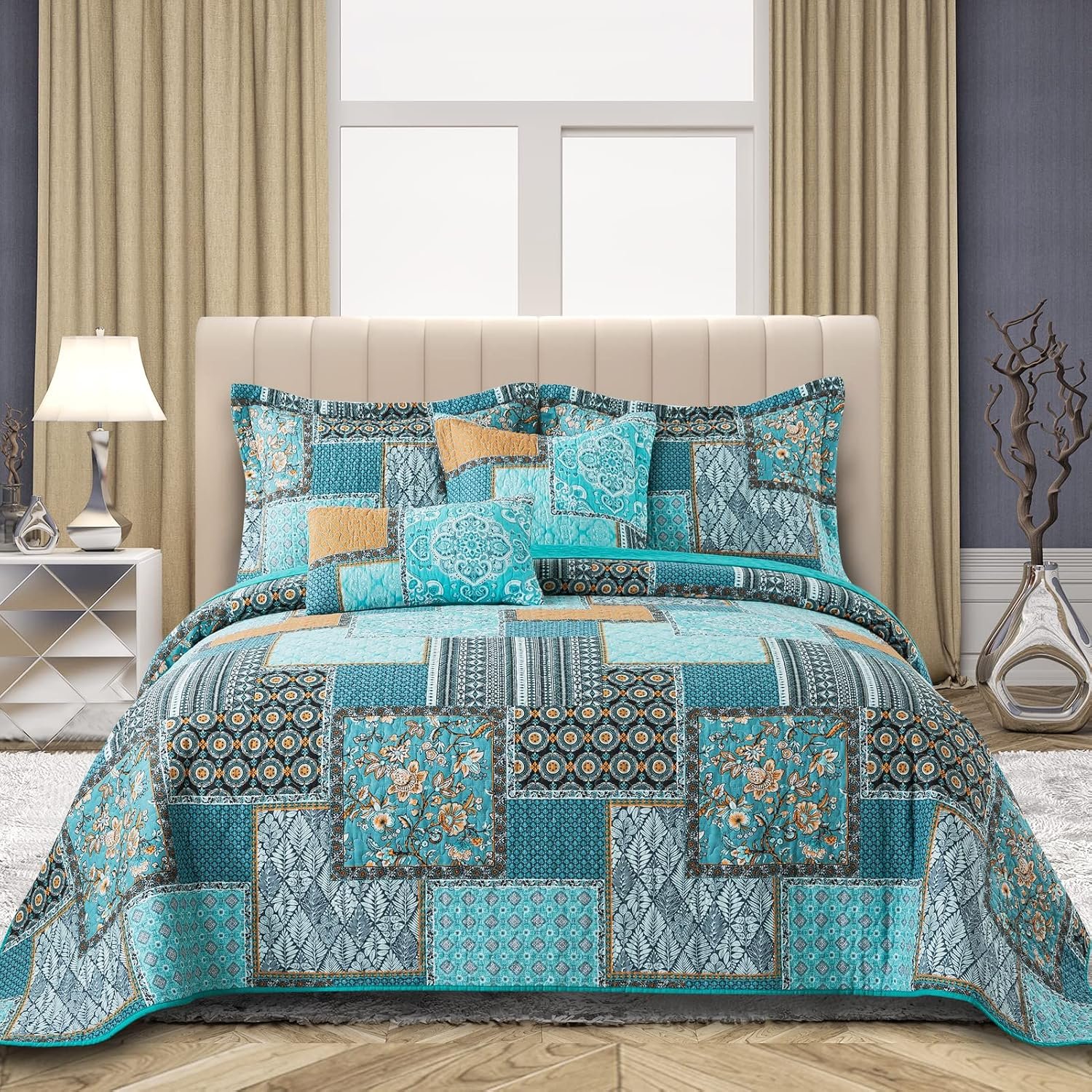 VAPUTAR King Size Quilt Bedding Set – Soft Cotton King Size Bedspreads (98 * 106 in) – Lightweight Patchwork Floral Quilts for Farmhouse Bedroom (Teal/Green Chic, 3 Pieces)