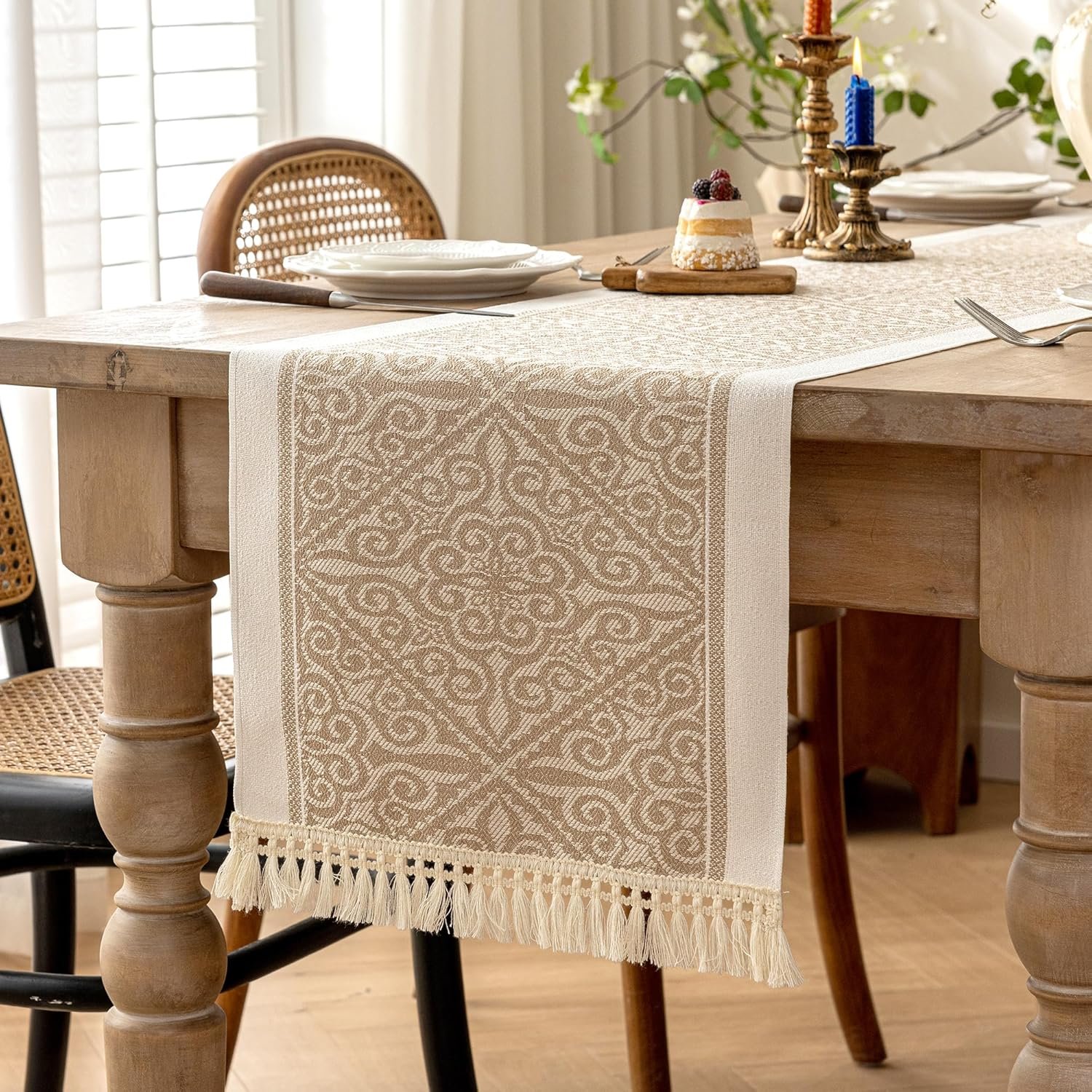 Spillproof Boho Table Runner with Tassels, Nordic Norland Woven Linen Textured Dresser Scarf, Heavy Duty Water Resistant Farmhouse Decor for Dining and Coffee Table, Beige, 14×107 Inches