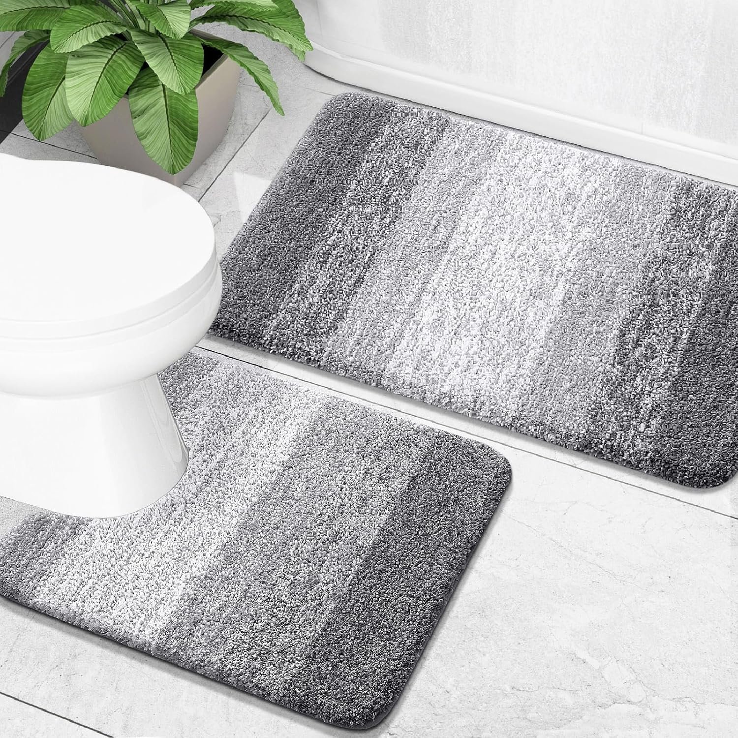 OLANLY Bathroom Rug Set 2 Piece, Soft Absorbent Microfiber Bath Mats and U-Shaped Contour Toilet Rug, Non-Slip, Machine Wash Dry, Plush Shaggy Bath Mats for Bathroom (24″x16″+24″x20″, Grey)