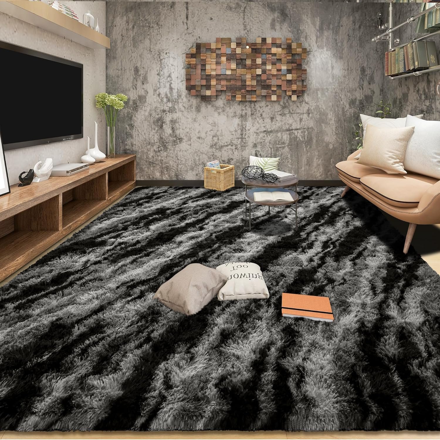 Tepook Fluffy Large Rugs for Living Room, Shag Area Rug 6×9 Soft Carpet for Bedroom, Modern Shaggy Rug for Kids Boys Girls, Plush Indoor Nursery Home Decor Rug with Non-Slip Bottom, Black Grey