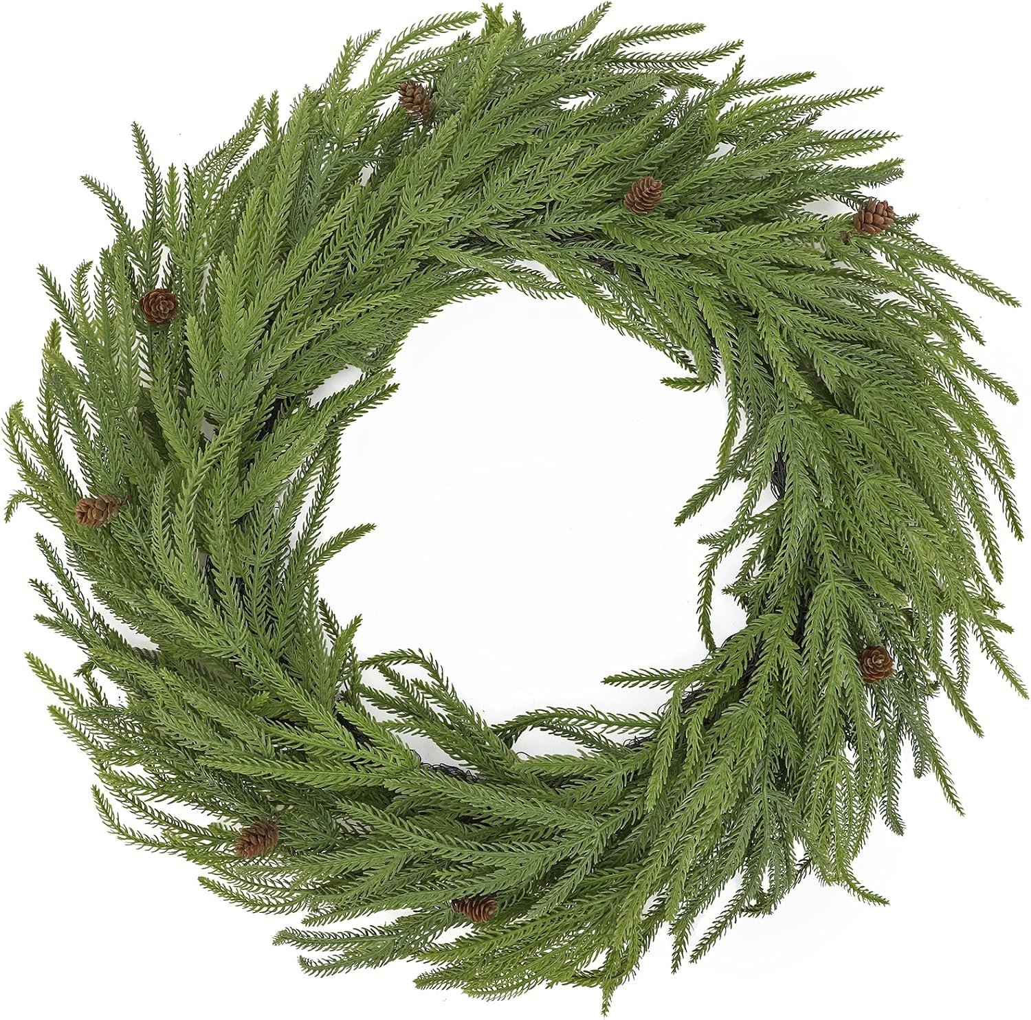 Artificial Christmas Wreath for Front Door – 24 Inch Norfolk Pine Winter Wreaths with Pine Cones Faux Greenery for Wall Window Porch Farmhouse Home Holiday Indoor Outdoor Modern Decor
