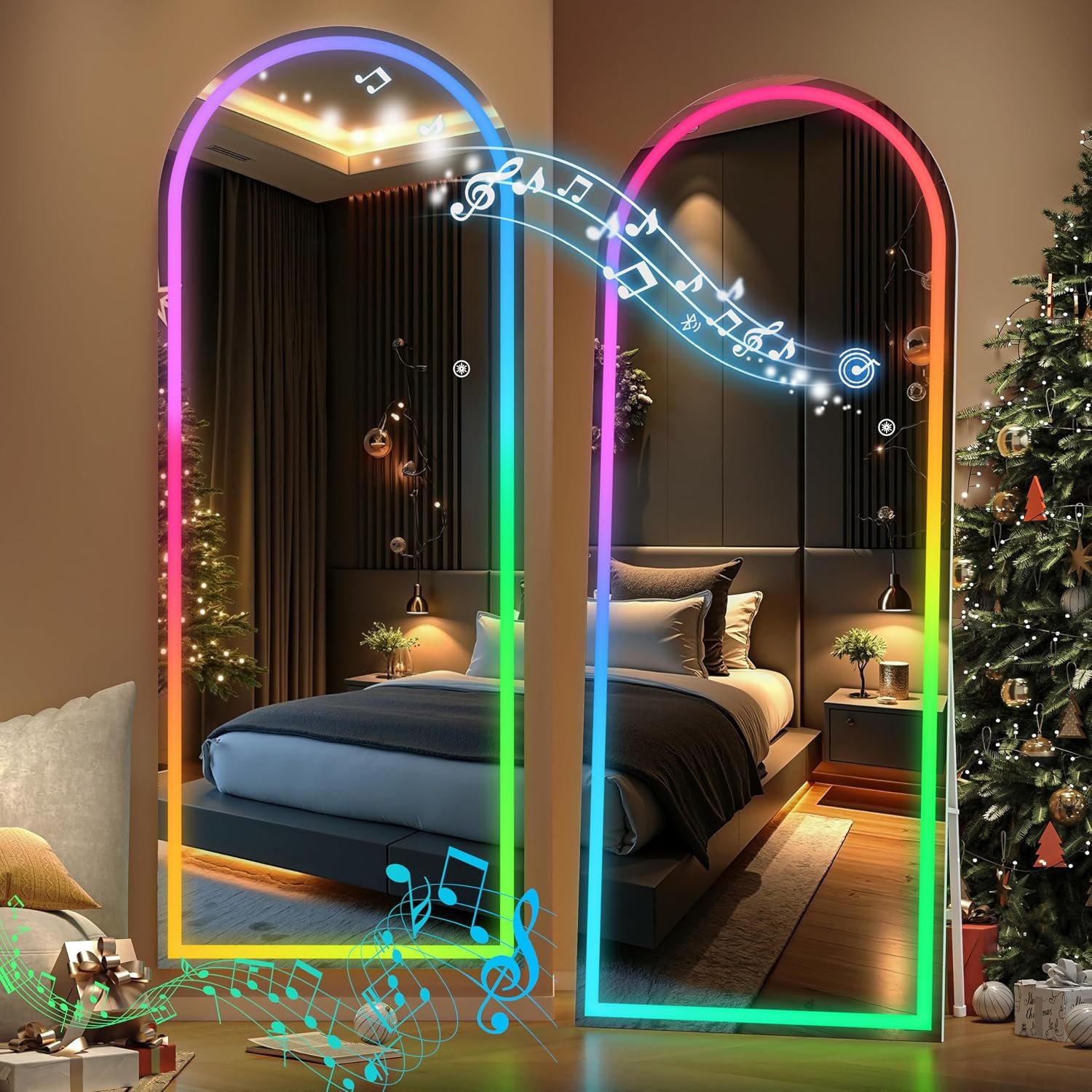 Hasipu Arch Full Length Mirror 71 x 24 in with Stand — Arch LED RGB Full Body Mirror, 7 Lighting Modes, Dimmable, Built‑in Bluetooth Speaker, White Frame for Bedroom Dressing Room