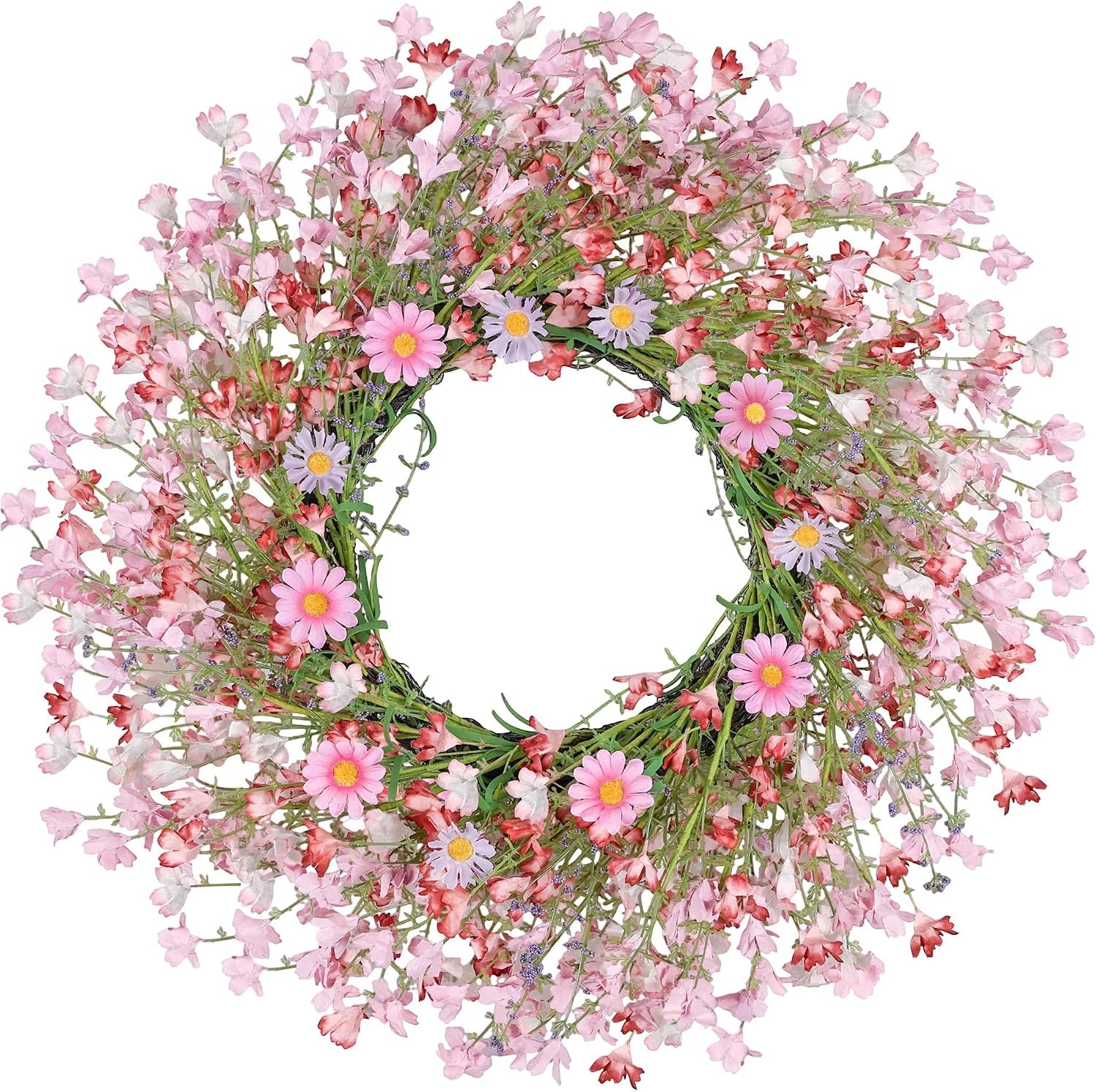 24 Inch Large Spring Summer Wreaths for Front Door, Daisy Wreaths for Front Door Artificial Floral with Wild Floral for Farmhouse Porch Wall Living Room Home Decor-Pink