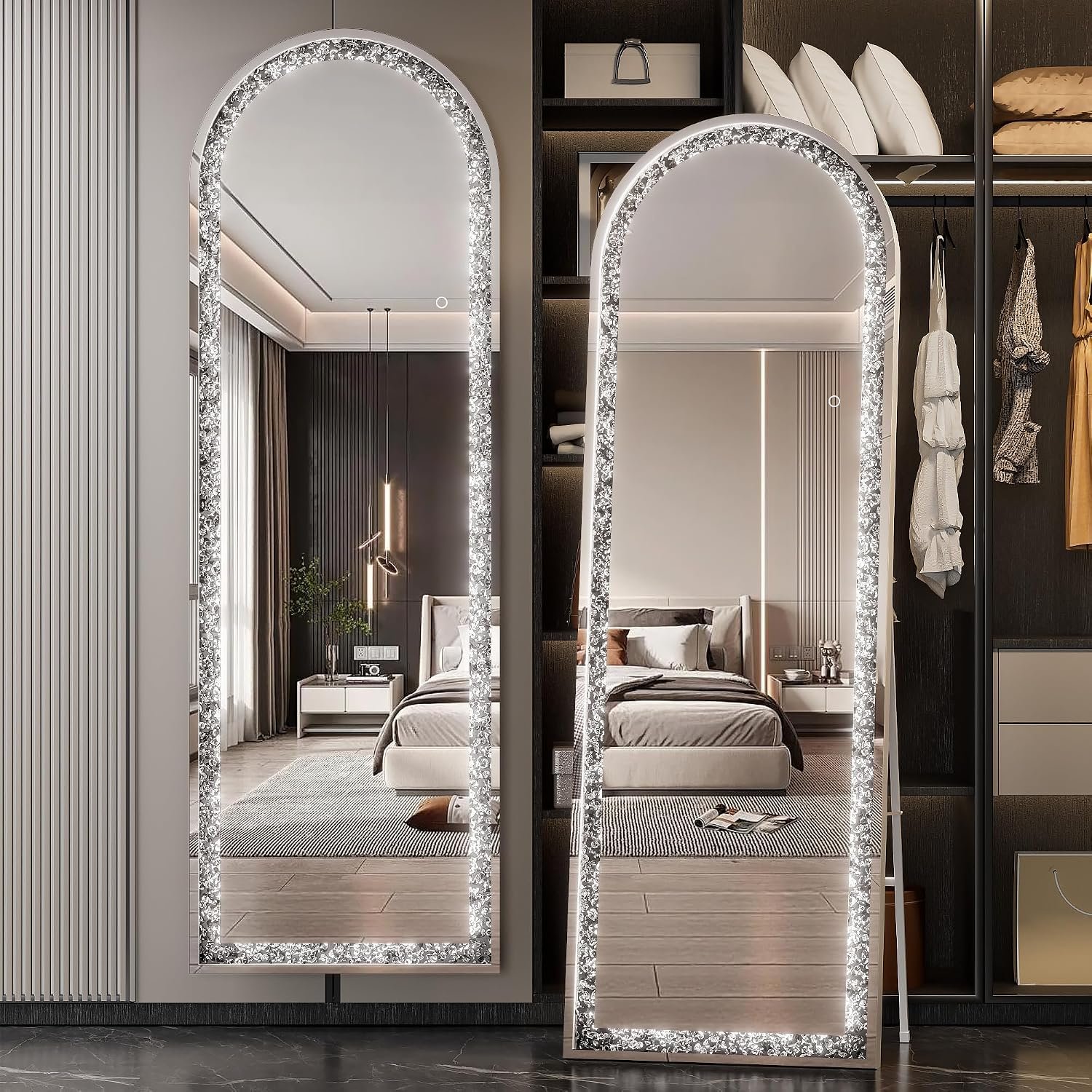 71″×24″ Full-Length Mirror with Lights- Arch Crystal Crush Diamond Wall Mounted Hanging Diamond Mirror Leaning for Living Room Bedroom