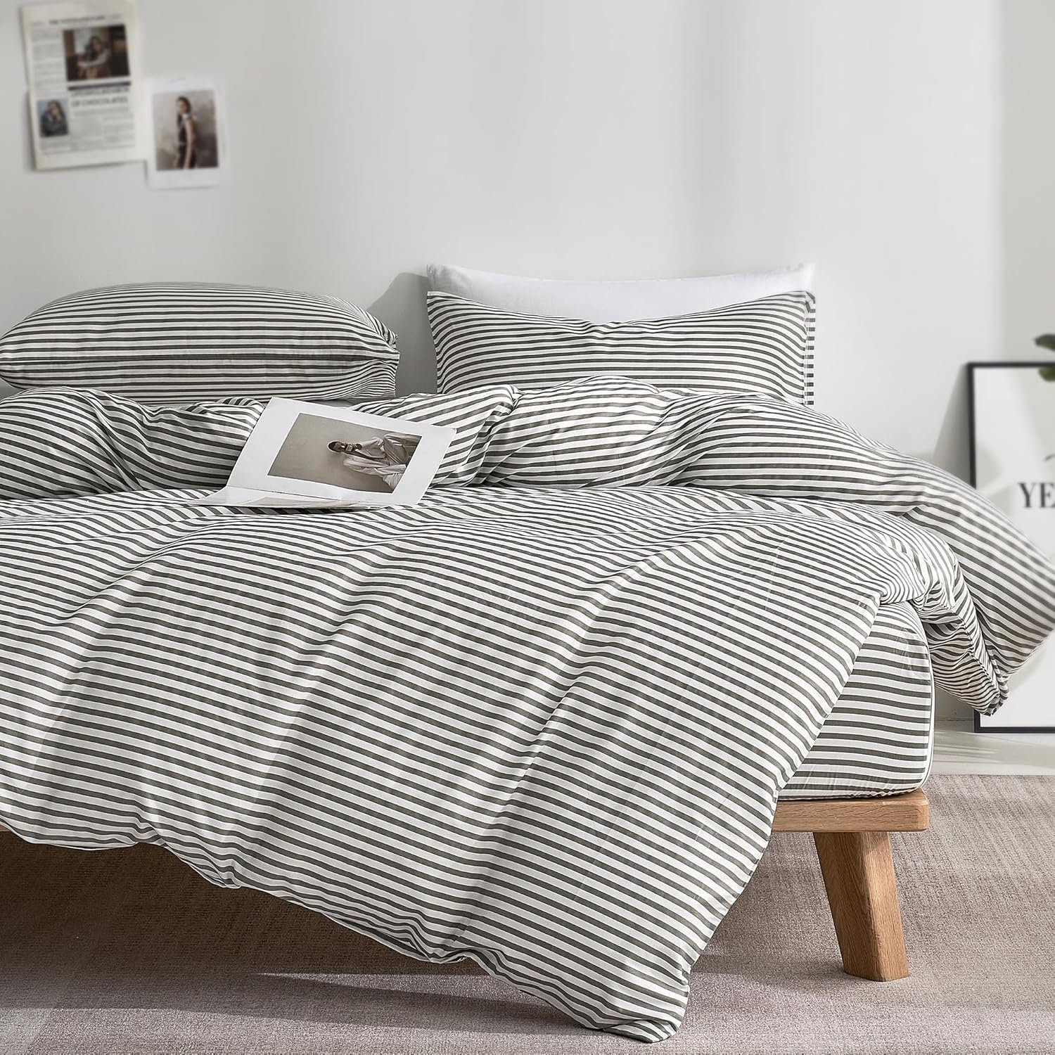 JELLYMONI 100% Cotton Printed Striped Queen Duvet Cover Set, Grey | Breathable Softness, Oeko-Tex Certified, Classic Stripes, 8 Corner Ties & Double Hidden Zipper