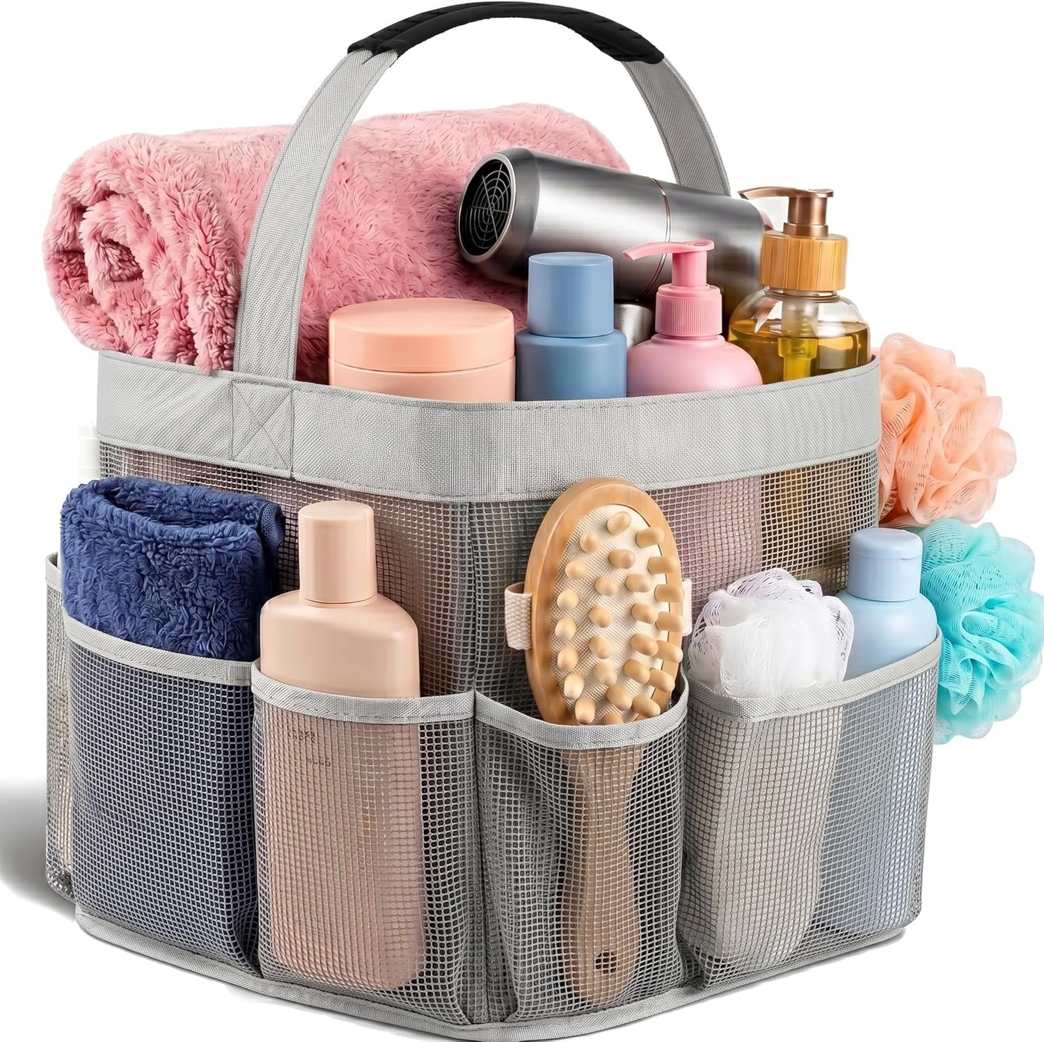 Masirs Mesh Shower Caddy – 9 Pocket Portable Shower Caddy Organizer for College Dorm, Travel, Gym, Bathroom – Quick Dry, Lightweight Tote Bag for Toiletries & Essentials, Gray