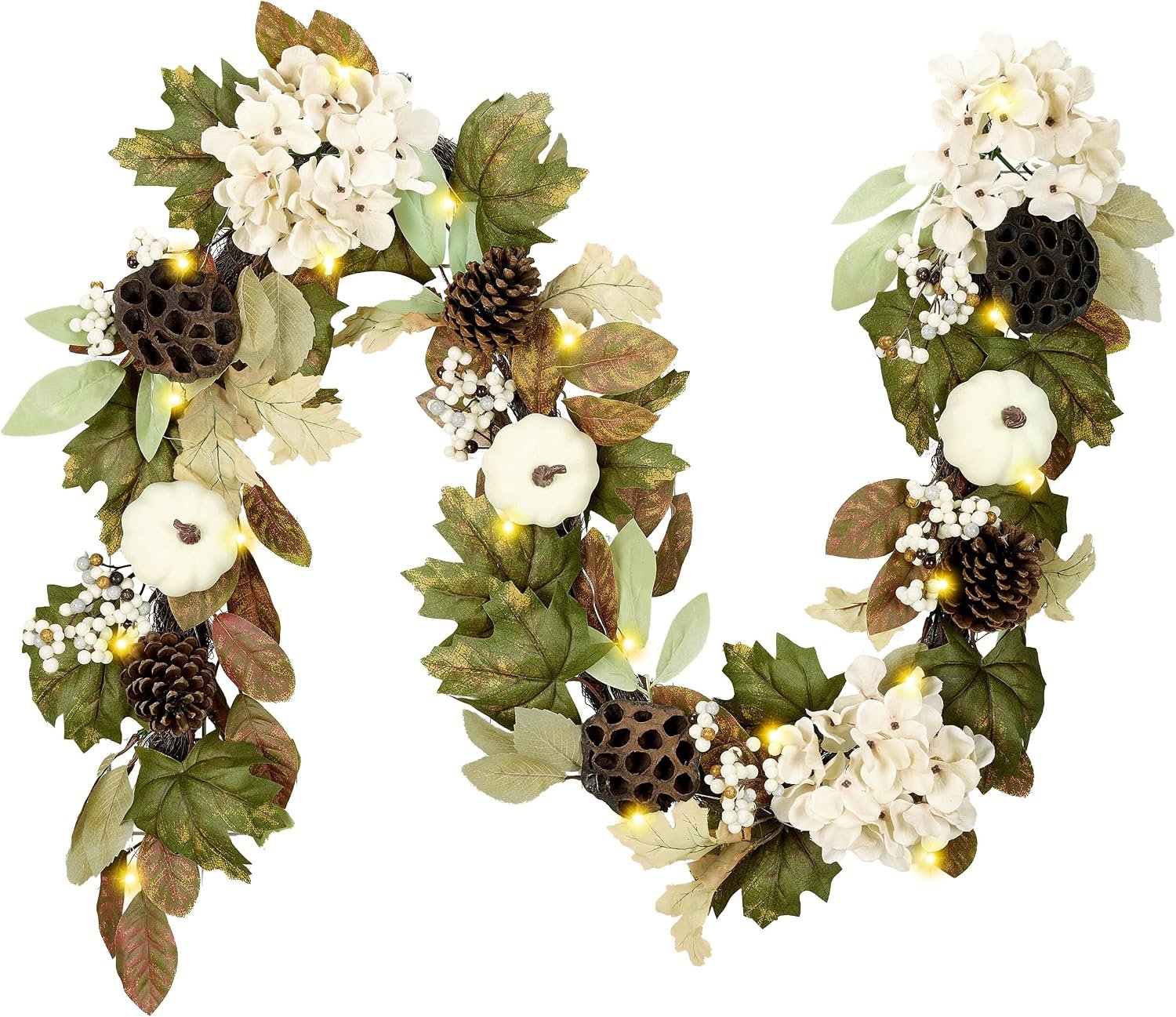 DecorbyHannah Fall Garland with Lights, 6 ft Artificial Thanksgiving Autumn Harvest Garland for Mantel, Fall Decor with Pumpkin Pinecone Lotus Maple Leaves for Front Door Table Fireplace Wall Outdoor