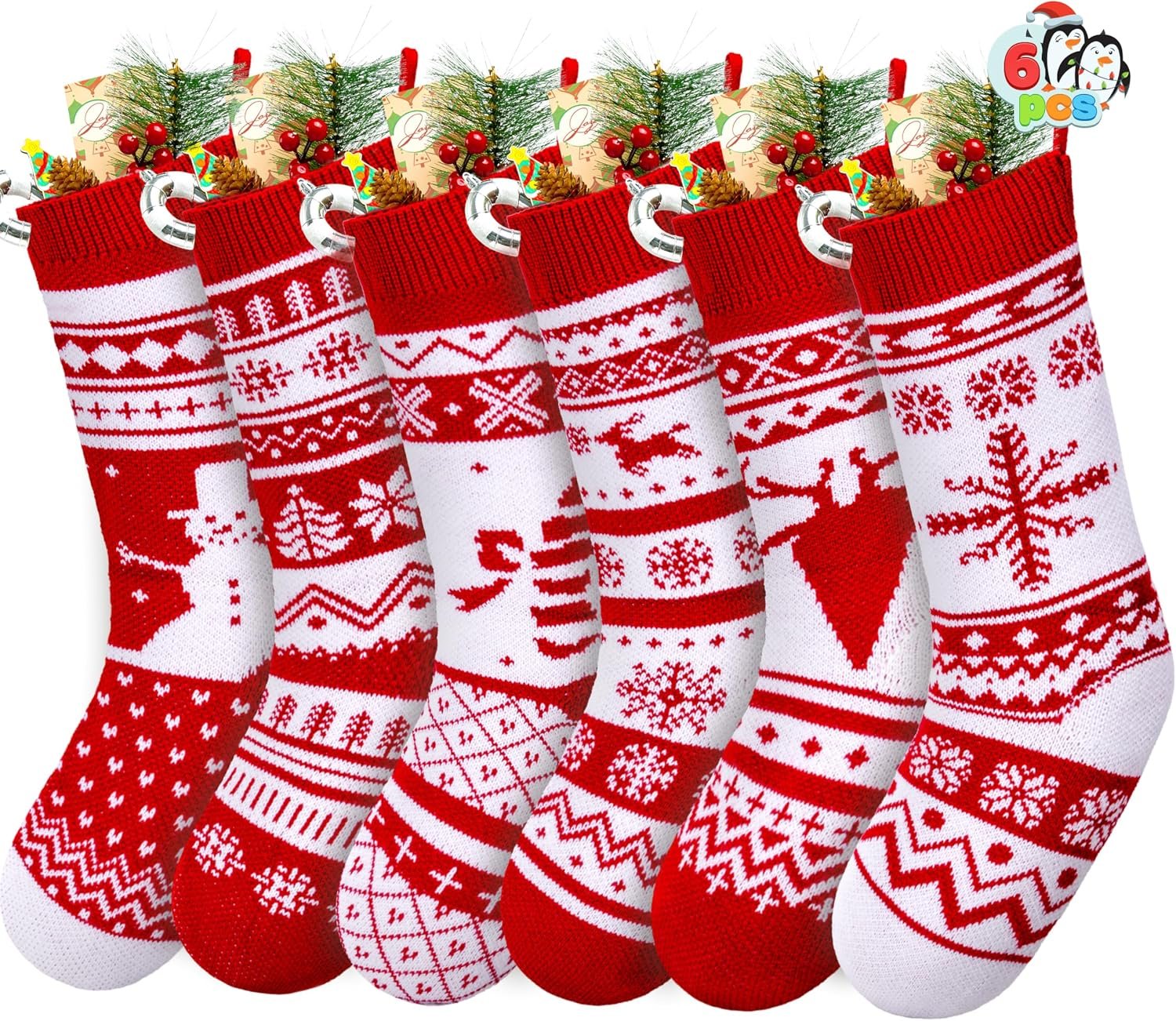 JOYIN 6 Pack 18″ Christmas Knit Stockings, Large Rustic Yarn Xmas Stockings Bulk, Cable Knit Xmas Stockings with Snowflake Snowman Reindeer Character for Christmas Tree Fireplace Holiday Decorations