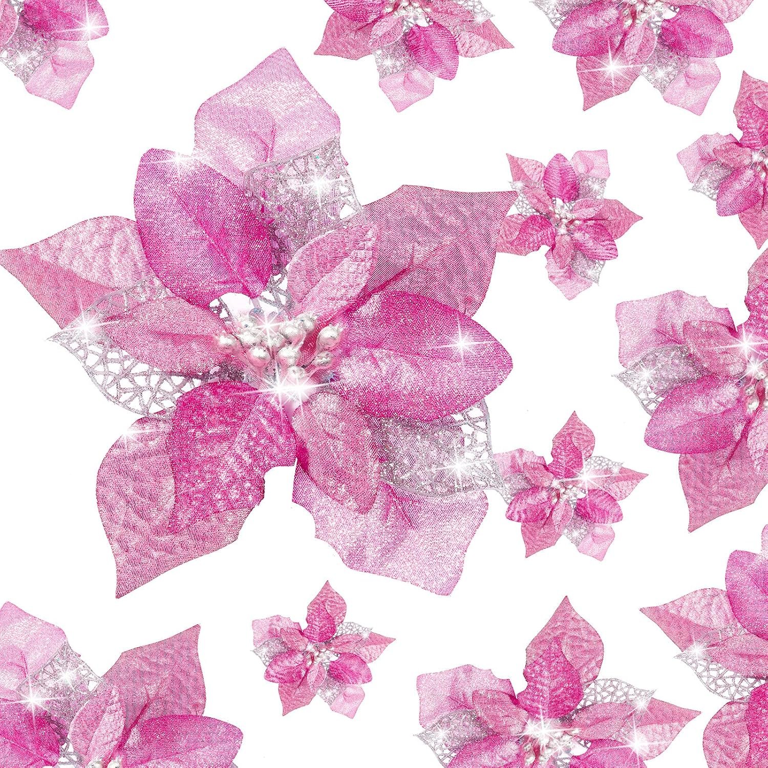 Boao 24 Pieces Christmas Artificial Glitter Poinsettia Flowers Xmas Flowers Wedding Christmas Tree New Year Ornaments (Pink)