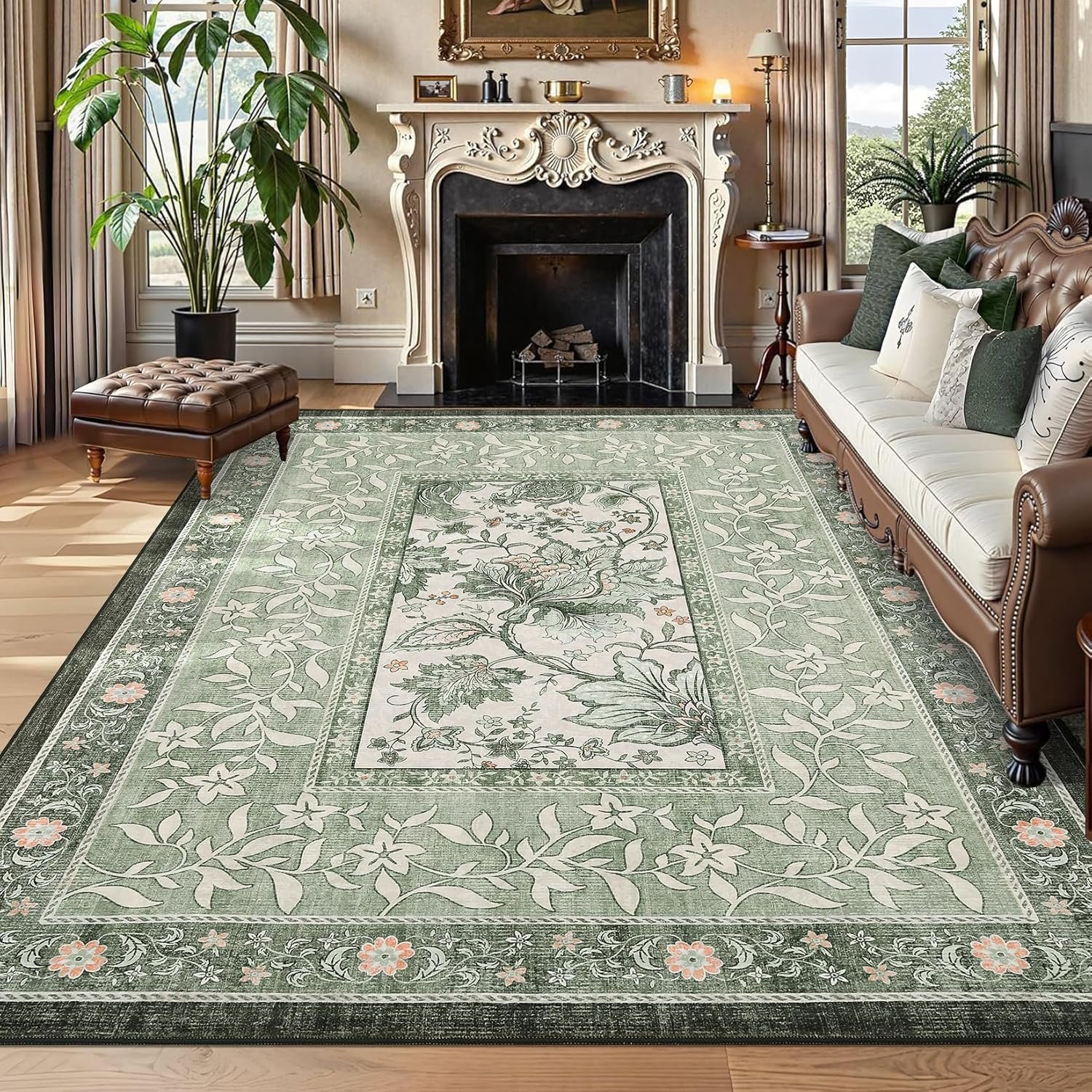 GarveeHome Provence 8×10 Area Rugs for Living Room, Botanical Grove Sage Green Cottagecore Washable Rug for Bedroom Dining Nursery Low-Pile Vintage Large Carpet
