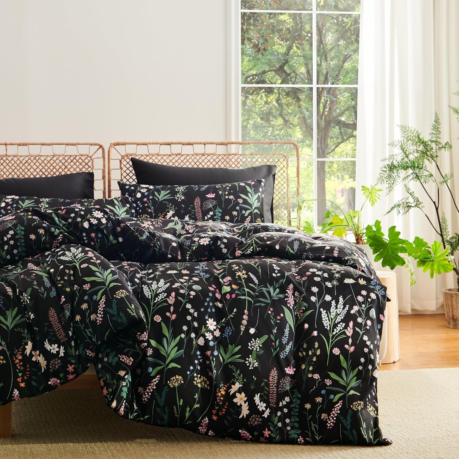 Sedefen Black Floral Duvet Cover King Size Pink White Flower Duvet Cover Set 3 Pieces Kids Boys Girls Garden Style with Colorful Botanical Pattern Soft Reversible Bedding Set Bedroom Decor