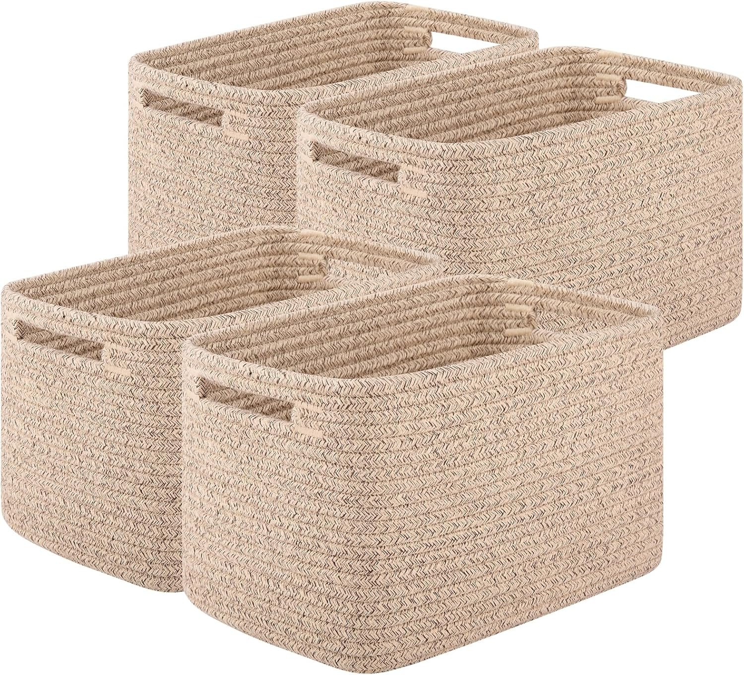 OIASKET 4Packs Natural Cotton Rope Storage Baskets for Organizing Toys, Clothes, Towels & Books, Soft Versatile Organizers for Shelves, Home Decorative Bins, 13”Lx9”Wx7.8”H, Brown