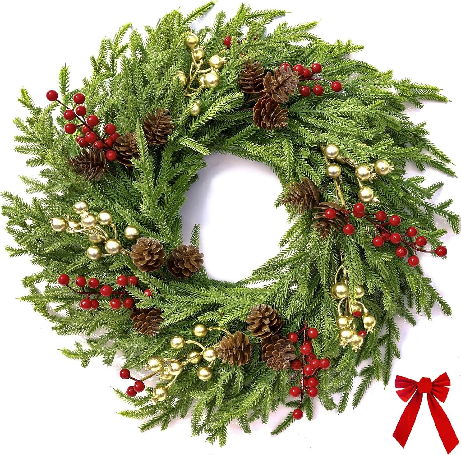 26″ Norfolk Pine Wreath, Large Greenery Wreath for Front Door, Green Year Round Real Touch Artificial Greenery Wreath for Wall Porch Rustic Farmhouse Home Decor, with Lights, Red Bow, FF10