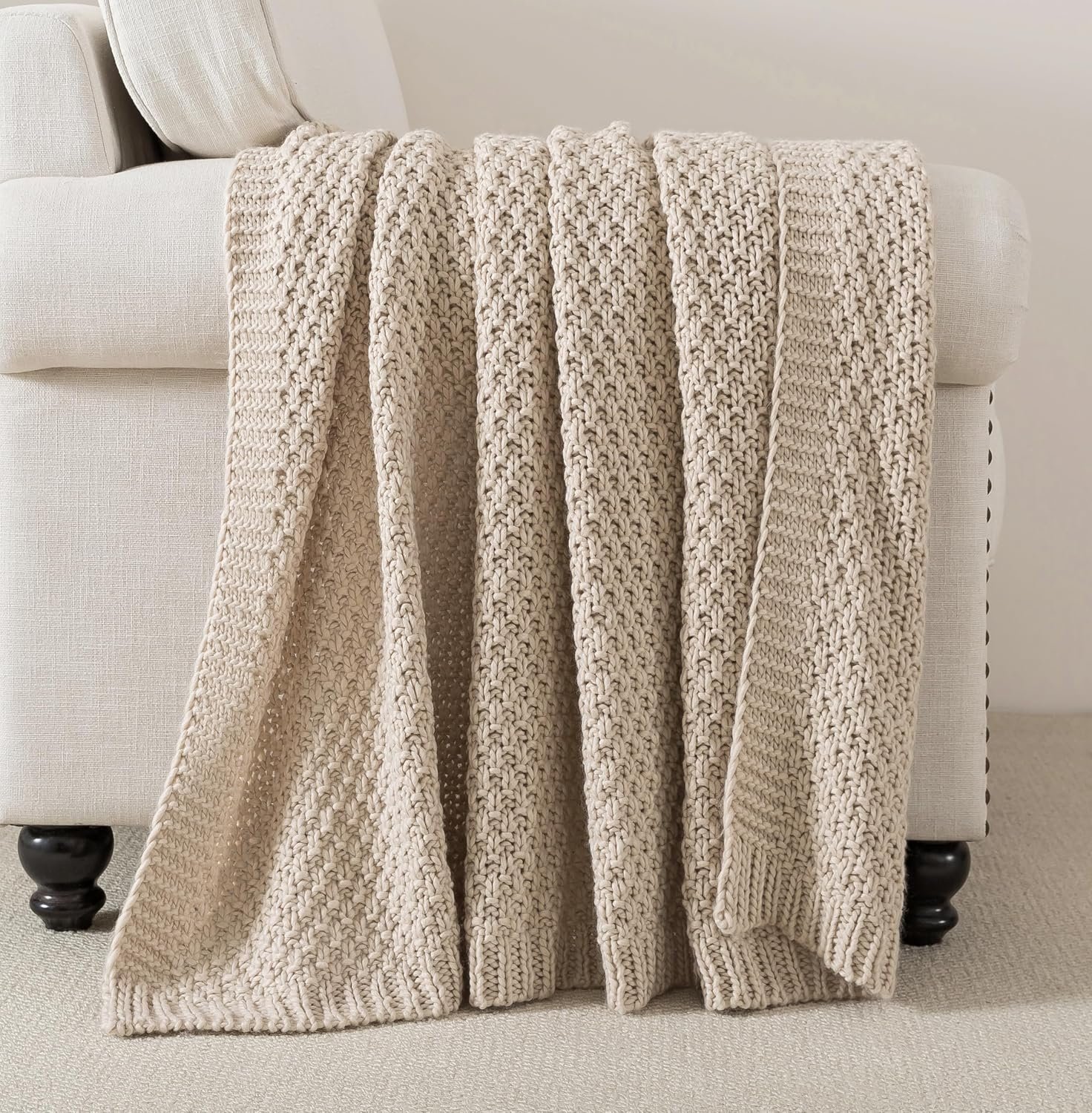 WDCOZY Chunky Cable Knit Throw Blanket Super Soft Warm Knitted Throw Blanket for Couch, Sofa, Chair, Bed Lightweight Breathable Cozy Comfortable Home Decorative Camel Tan Beige 50×60 Inches