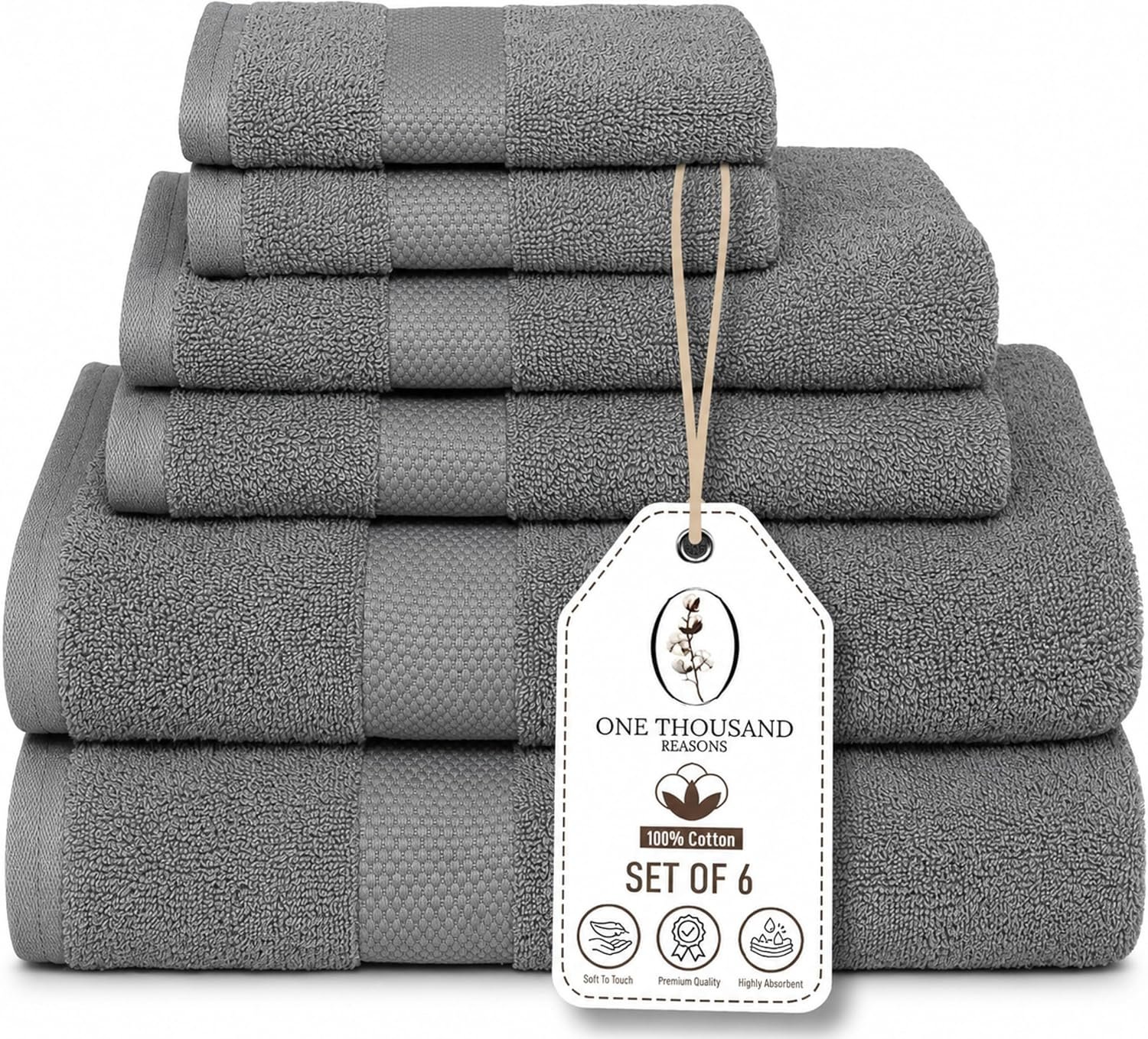 Premium Staple Cotton Bathroom Towel Set – Gray 600 GSM 6-Piece Luxury Bath Towel Set 1 Stripe – 2 Bath Towels, 2 Hand Towels & 2 Washclothes Set – High Absorbent & Quick Dry for Gym, Spa, Hotel