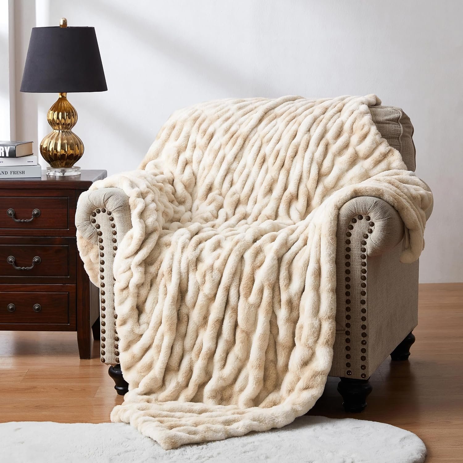 WDCOZY Ruched Faux Fur Throw Blanket Soft Cozy Fluffy Luxurious Blankets Couch Bed Sofa Chair Home Decor Warm Furry Fall Winter Plush Rabbit Fur Bubble Blanket 60″ x 80″, Caramel Beige Camel Neutral