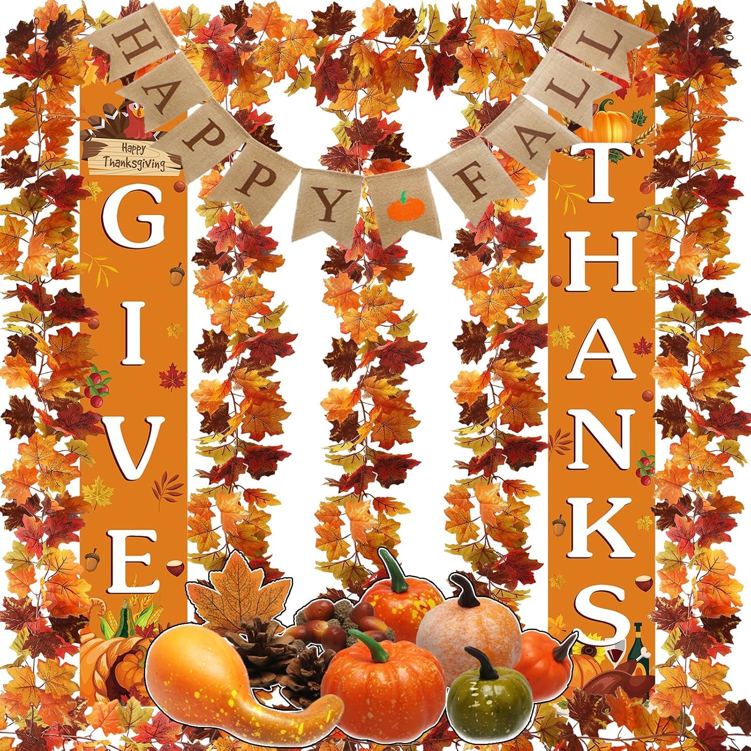 5 Pack Fall Maple Leaves Garland, 30FT Artificial Thanksgiving Maple Leaf Autumn Garland Hanging Fall Vines Table Decorations for Thanksgiving Front Door Mini Pumpkin & GIVE Thanks Banner Decor