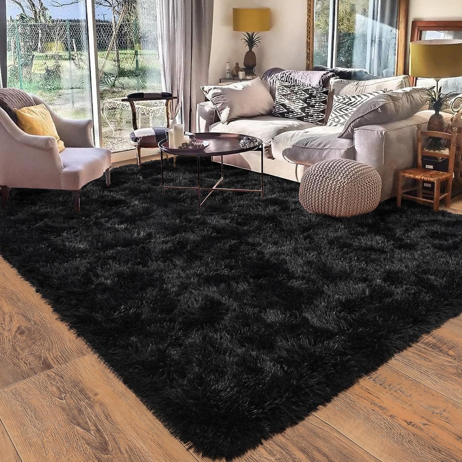 Black Rug for Bedroom, Soft Shaggy Modern Shag 4×6 Area Rugs for Living Room, Upgrade Non-Slip Plush Fluffy Carpet for Kids Boys Girls Room Dorm Home Decor Aesthetic