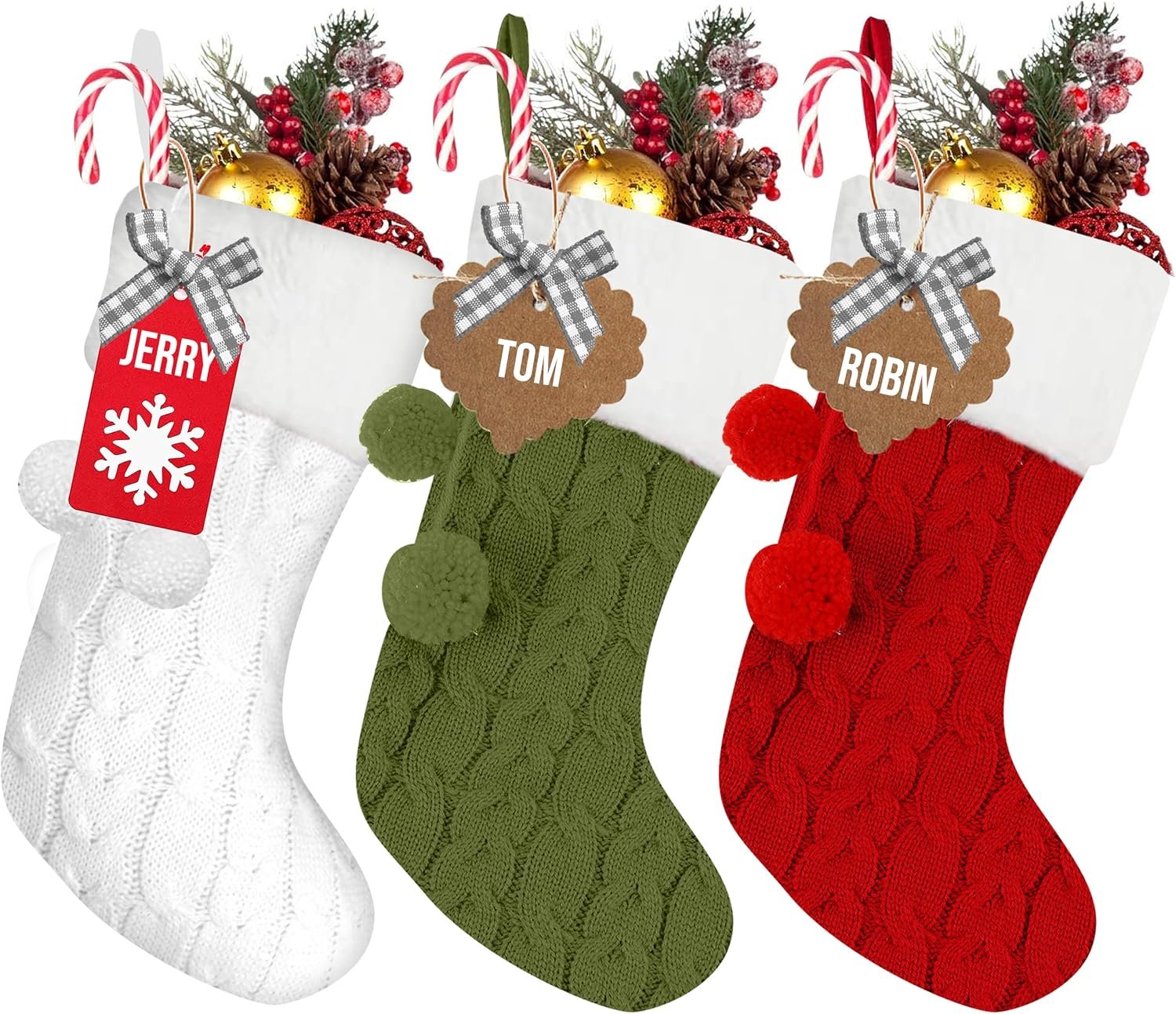 RFAQK Personalized Christmas Stockings -Set of 3 with 50 Pcs Name Tags, Large Xmas Stockings for Christmas Decorations – Fireplace Hangings for Family Holiday, Farmhouse and Home Décor