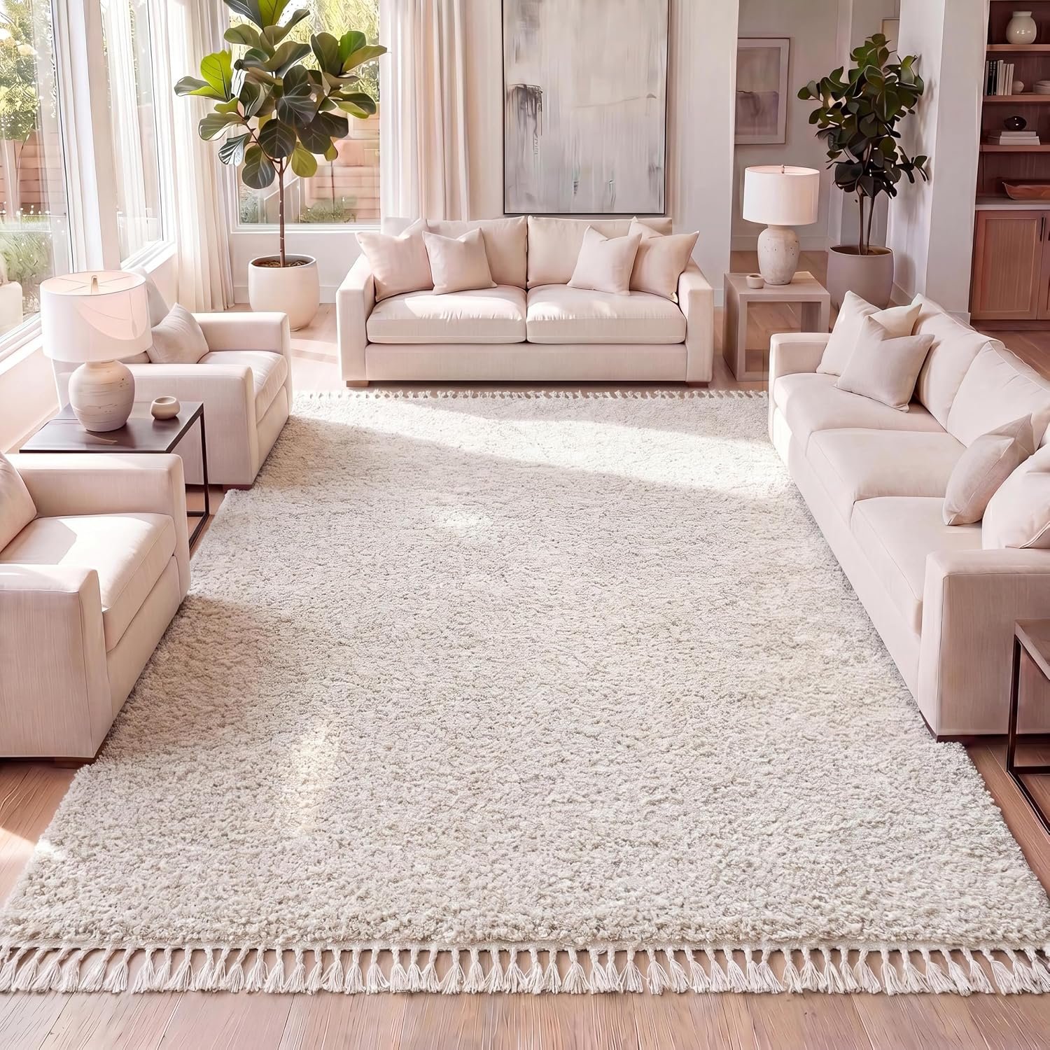 JONATHAN Y Mercer Shag Plush Tassel Cream Indoor Area Rug, 8×10, Contemporary, Modern, Easy-Cleaning for Living Room, Bedroom, Kitchen, Pet Friendly, Non-Shedding (MCR100D-8)