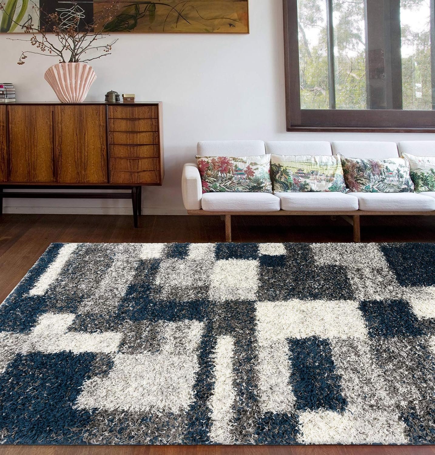 Rugshop Navy Distressed Modern Boxes Plush Shag Area Rug — Non-Shedding Soft for Living Room, Dining Room and Bedroom, 5′ x 7′