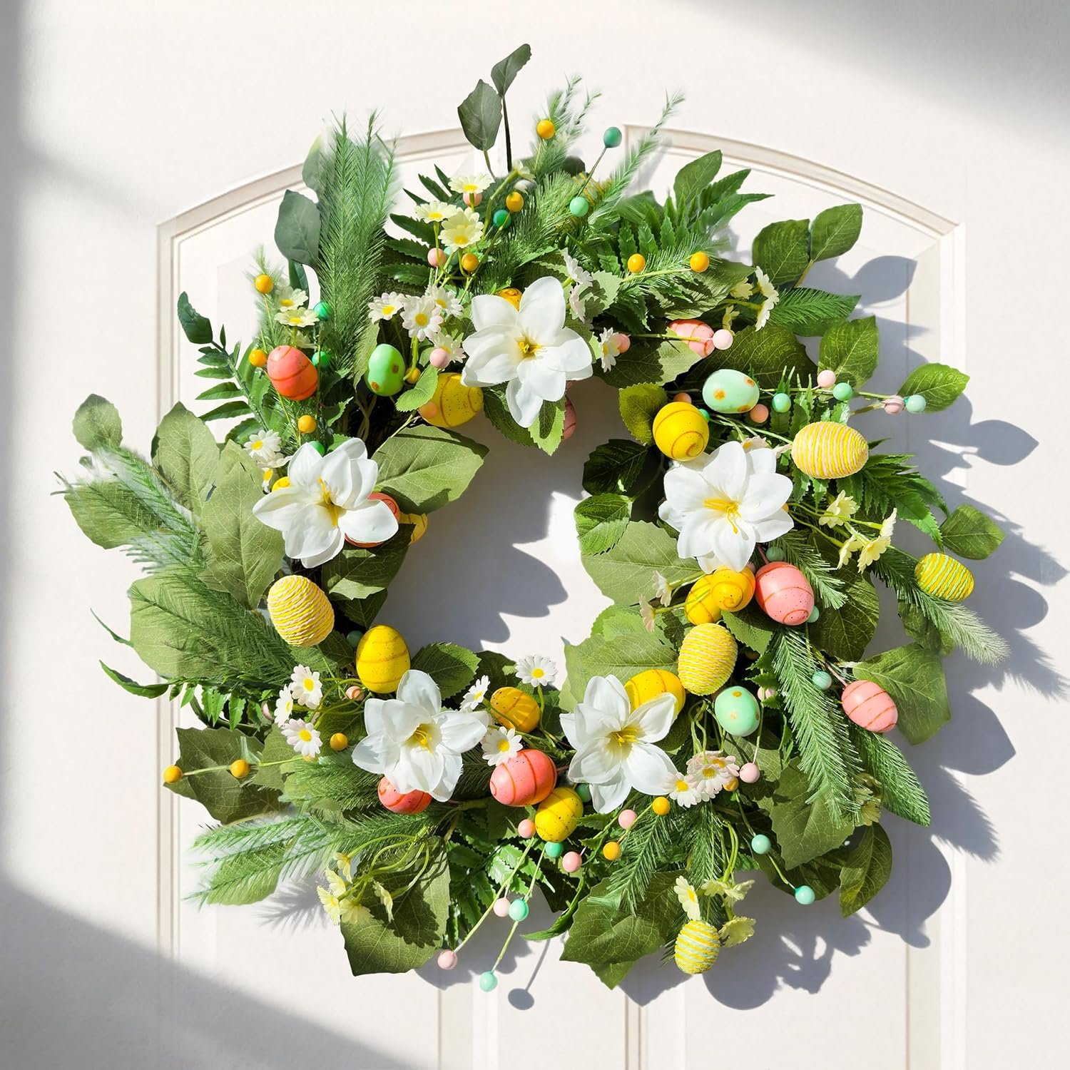 24″ Easter Wreaths for Front Door, Summer Decor with Eggs and Flowers, Spring Lily Wreath with Leaves and Beads, Artificial Green Decoration for Home Indoor Outdoor Wall Window Mantel Party Decor
