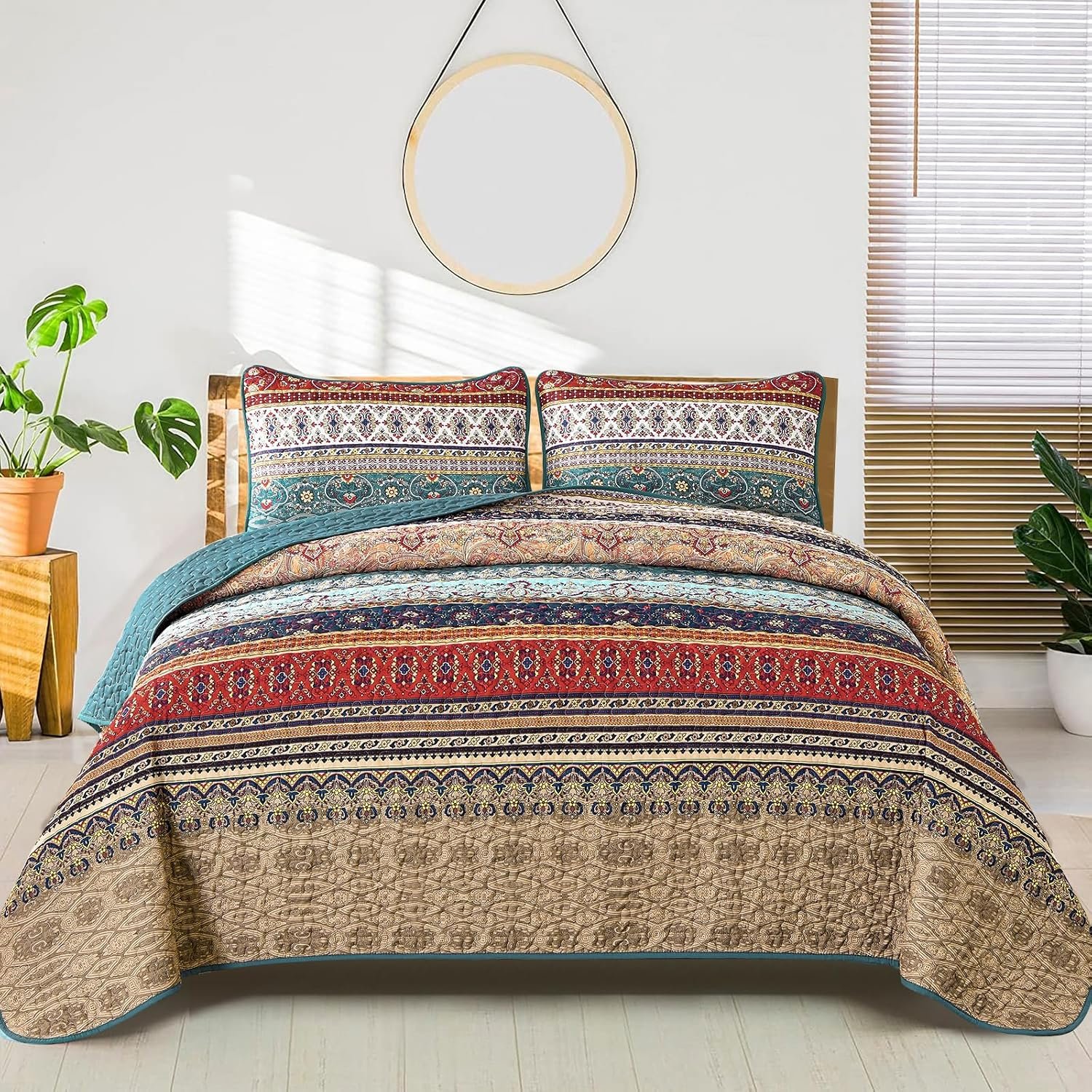 WONGS BEDDING Boho Queen Quilt Set, Green and Brown Bohemian Queen Quilt Bedding Set, Lightweight Microfiber Bed Decor Bedspread for All Season 96″x90″(3 Pieces)