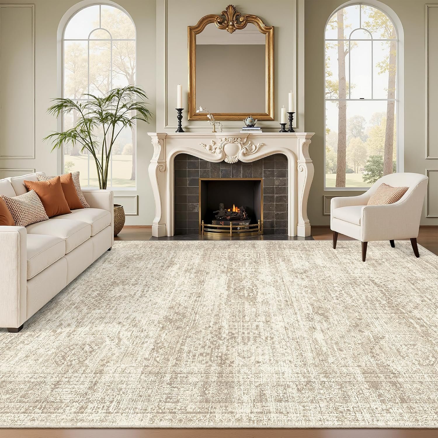 Soalmost 9×12 Area Rugs for Living Room, Non Slip Machine Washable Vintage Rugs, Low Pile Lightweight Large Rug for Bedroom, Dining Room, Home Office Beige