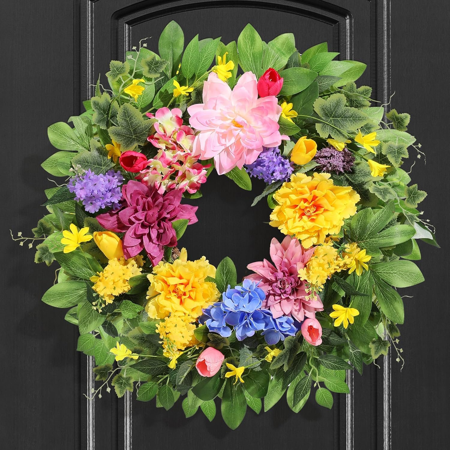 Spring Wreaths for Front Door, 24 Inch Greenery Front Door Wreath with Peonies Dahlias Hydrangeas, Artificial Home Decorations for Indoor Outdoor Window Wall,Outside Floral Wreath Decor for Home Porch