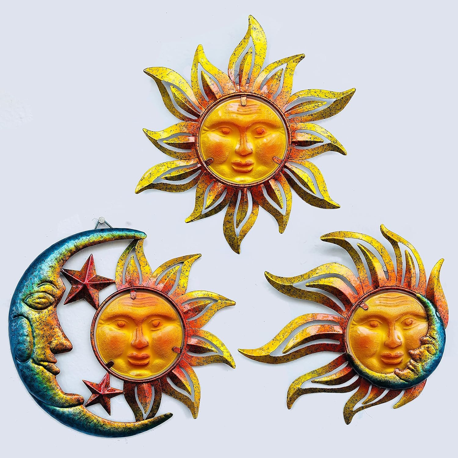 Glass Sunface Home Decor Wall Hanging Decor Metal Wall Art Living Room | Wall Decorations Boho Wall Decor, Garden Decor Farmhouse Decor Outdoor Decor for Patio, 3 Sets 9 inch Large