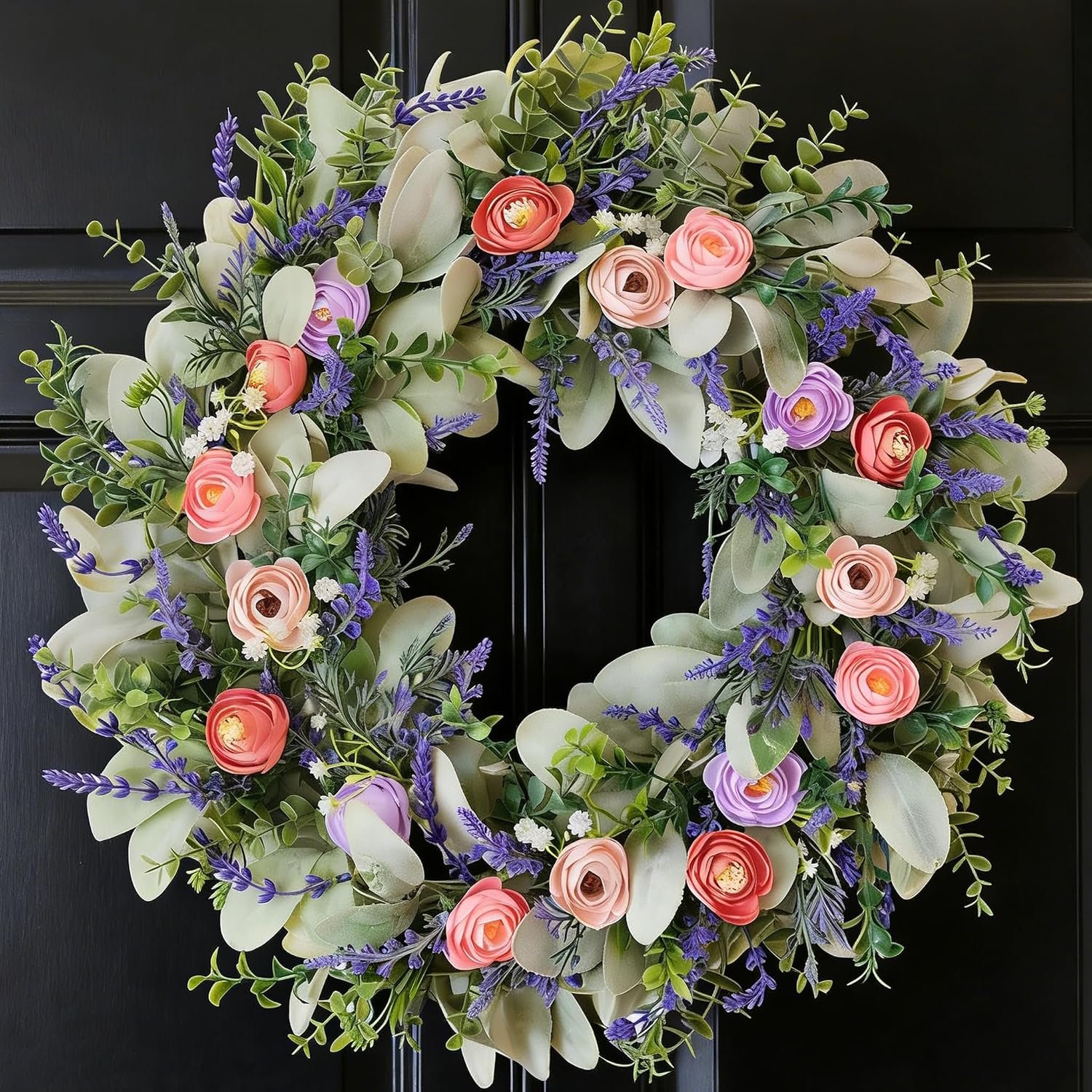 22 Inches Spring Wreaths for Front Door Blue Spring Door Wreath Summer Floral Wreath with Wildflower for Wall Porch Indoors Outdoor Window Home Farmhouse Decorations