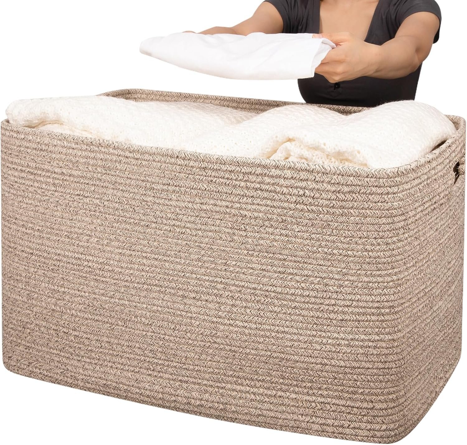 OIAHOMY 118L XXXLarge Cotton Rope Storage Basket, Oversized Blanket Basket, Used for Organizing Dirty Clothes in Living Room, Bedroom, Nursery, Dog Toy Storage Bins, 25″ x 17″ x 16″,Brown variegated