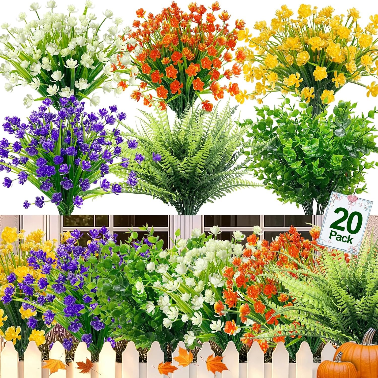 20 Bundles Artificial Flowers for Outdoors, Summer Spring Grass Camellia | Fake Flowers Fern Plants Eucalyptus UV Resistant No Fade Greenery for Garden Porch Indoor Cemetery Fall Decor(Mix 6 Styles)