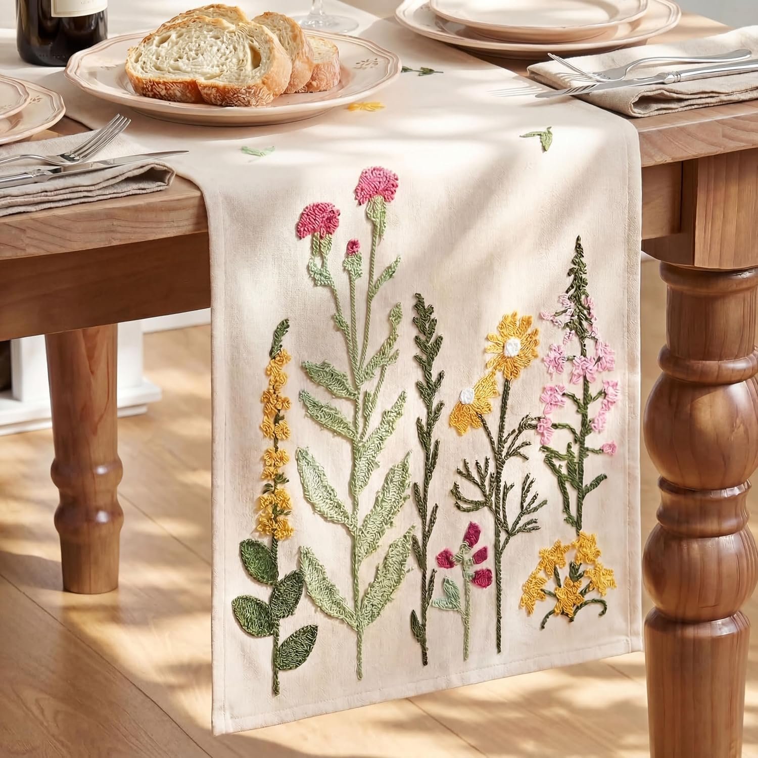 Artoid Mode Beige Soft Chain Embroidery Wild Floral Spring Table Runner, Seasonal Summer Kitchen Dining Table Decoration for Home Party Decor 13×72 Inch