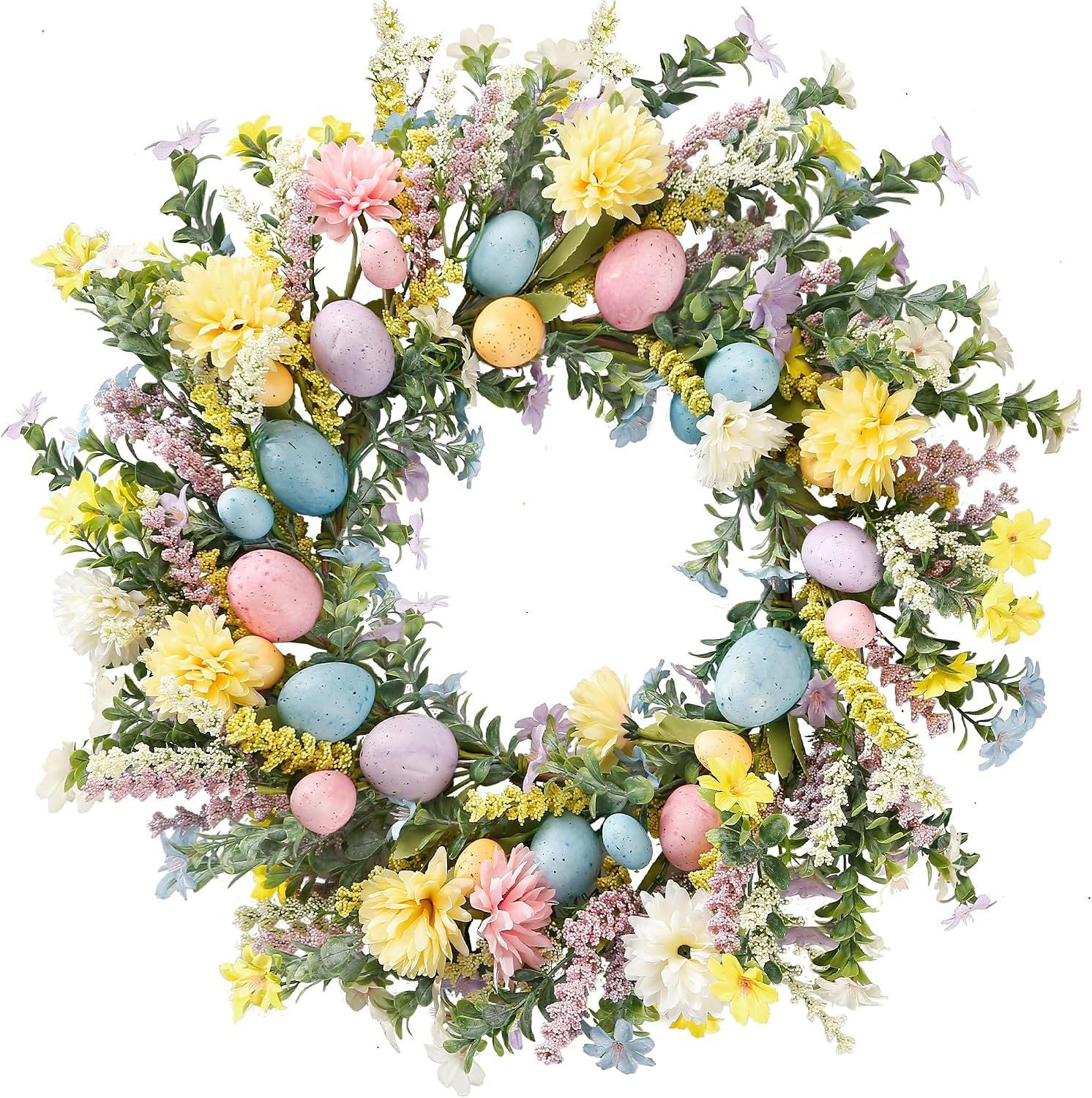 Sggvecsy 20 Inch Easter Wreath Spring Wreath Artificial Flower Wreath with Colorful Eggs Hydrangea Daisies Eucalyptus Leaves for Front Door Easter Summer Farmhouse Holiday Wall Home Window Decor
