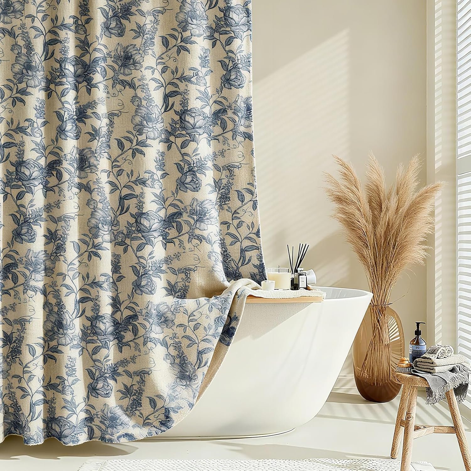 Farmhouse Blue Floral Shower Curtain with 12 Clear Rings, Fabric Faux Linen Shower Curtain Set, Vintage Cottagecore Shower Curtain for Bathroom 72″ W x 72″ L