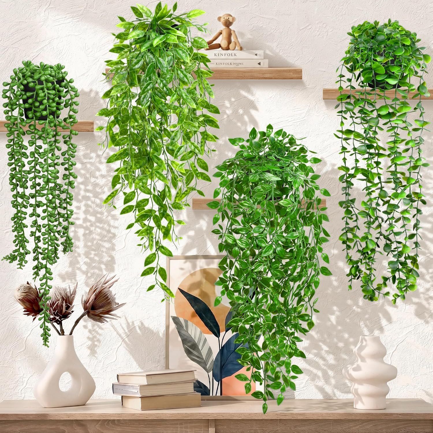 Palonu 4 Pack Faux Artificial Hanging Plants, UV Resistant Fake Potted Greenery with Eucalyptus Vine, Mandala, Pea Pod Leaves & String of Pearls in Pots for Living Room Bathroom Indoor Outdoor Décor