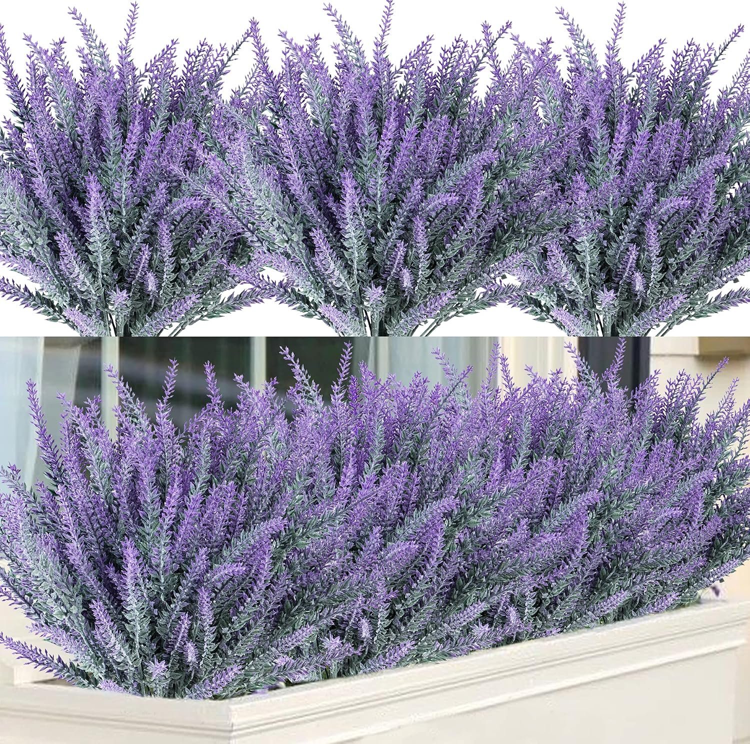 Ouddy Decor 12 Bundles Artificial Lavender Fake Flowers Faux Plastic Plants for Home Wedding Kitchen Garden Patio Window Box Office Table Centerpieces Indoor Outdoor Decor, Gray Purple