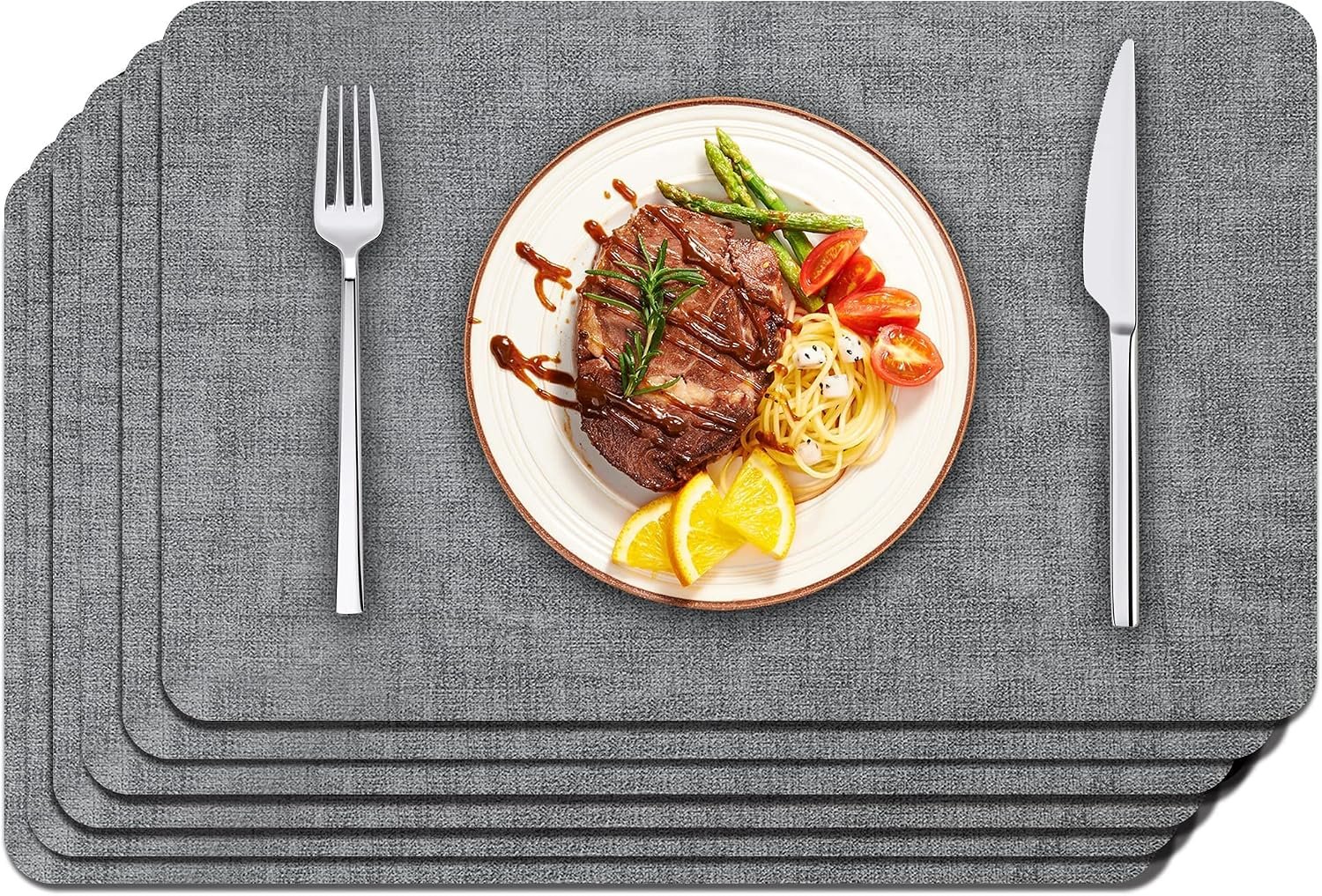 Maxpearl Faux Leather Placemats Set of 6 – Waterproof – Wipe Clean – Heat Resistant – Anti Slip Dining Table Place Mats, Suitable for Indoor & Outdoor Use, 17’’×12’’, Grey