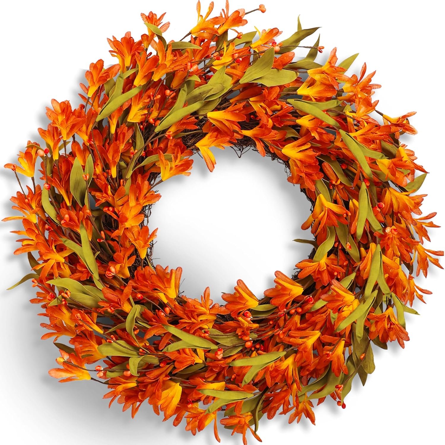 zjlmit Fall Wreath 22 Inch Fall Wreaths for Front Door Orange forsythia Wreath with Berries and Autumn Leaves for Indoor Outside Door Harvest Festival Thanksgiving Day Celebration Decoration