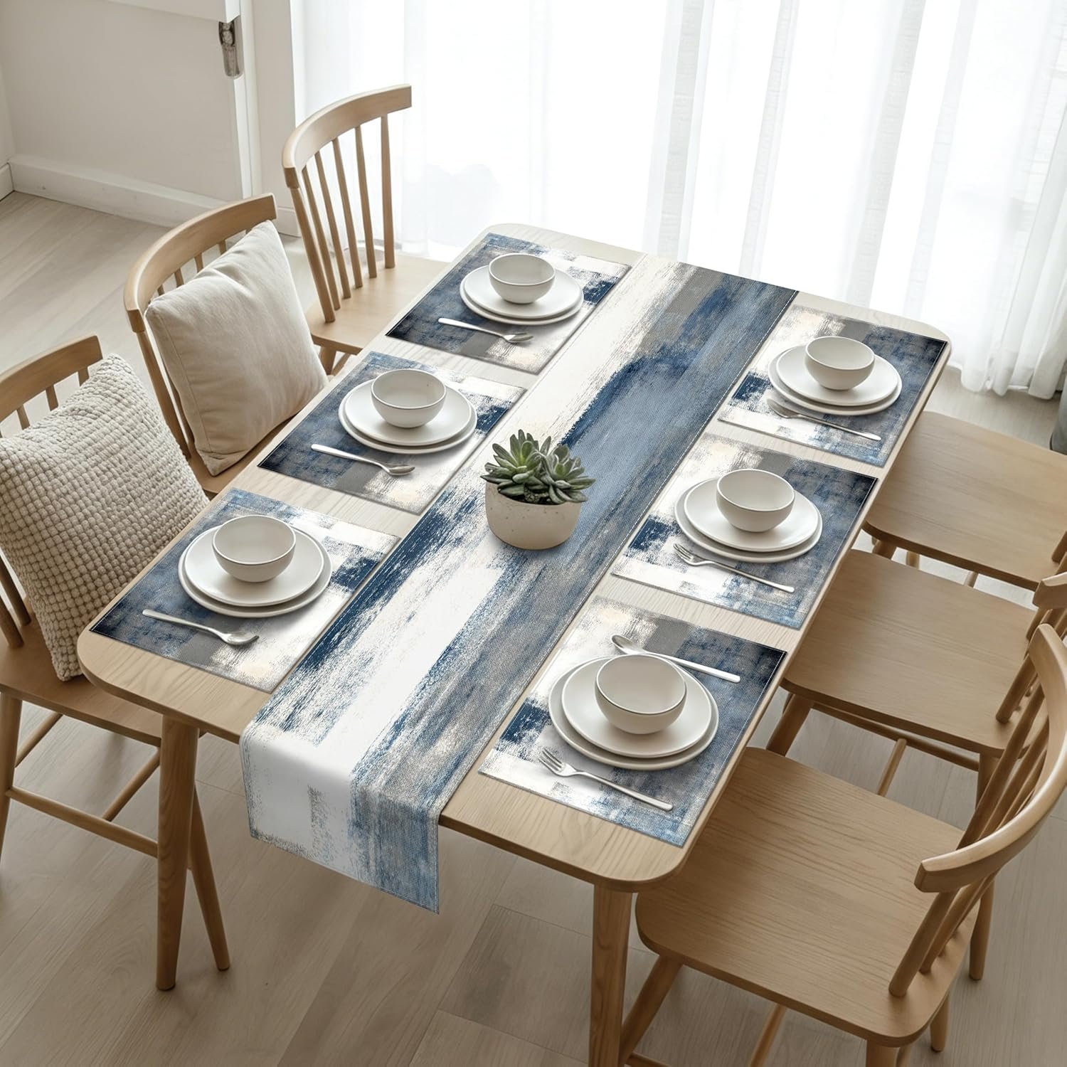 White and Gray Table Runner and Placemats Set of 6 Farmhouse Washable Linen Place Mats Rustic Abstract Art Table Decor for Kitchen Dining Coffee Outdoor Party (White and Gray, 13″x71″+12″x18″)